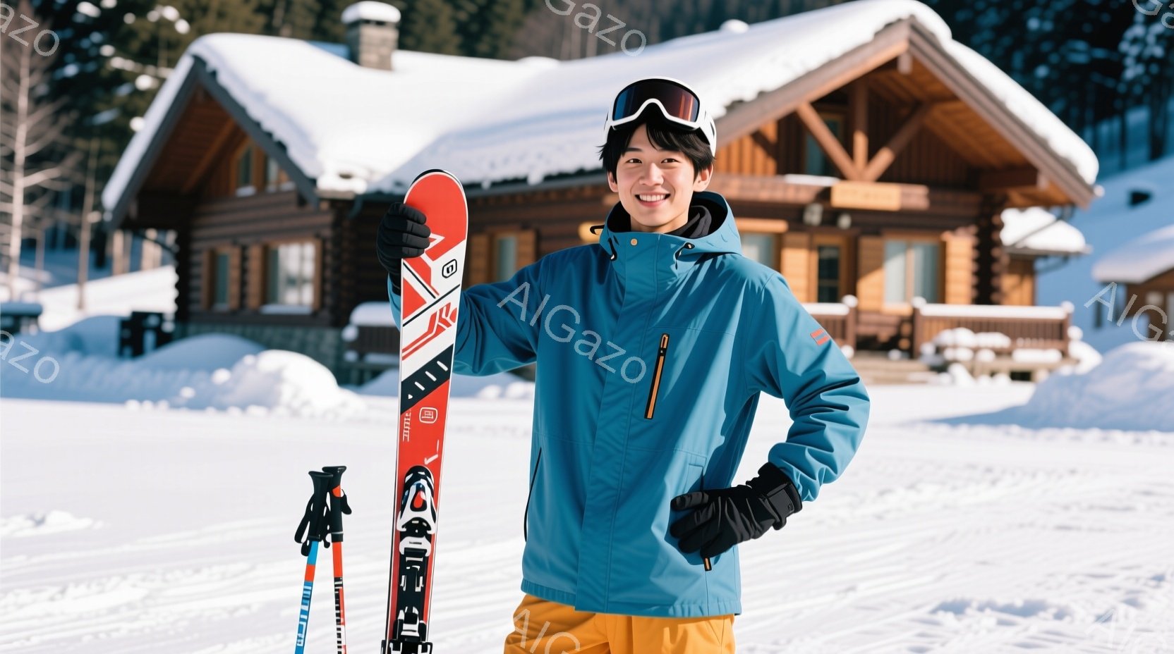 雪景色の中に立つ若い男性が写っています。彼は青いスキーウェアにオレンジ色のズボンを着用し、黒い手袋とゴーグルを身につけており、顔には明るい笑顔が見られます。背景には雪に覆われた木造の建物があり、晴天で - AI生成フリー素材