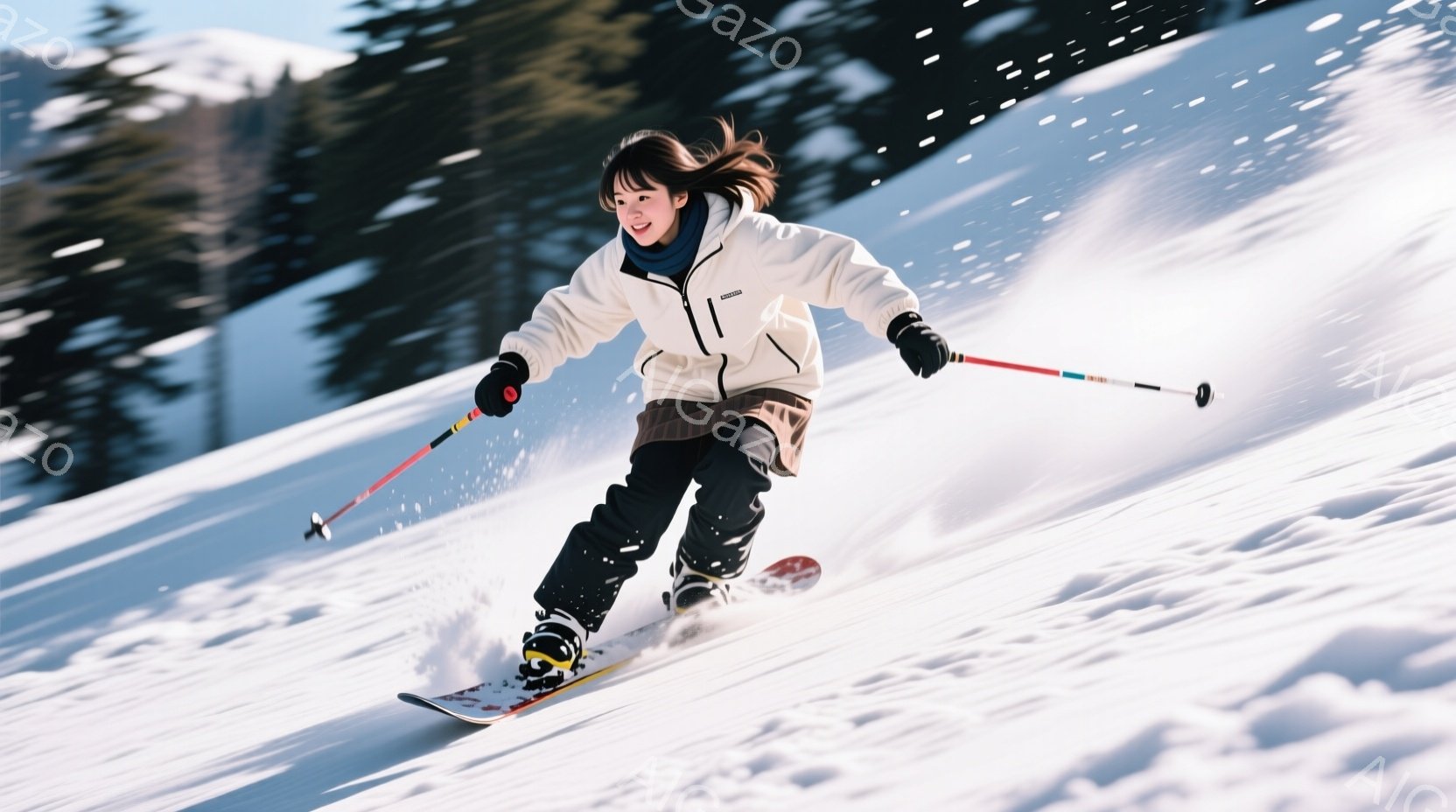 スキー場で滑走する女性が写っている。彼女は黒髪を後ろで一つにまとめ、白のスキーウェアに黒のズボンを着用し、楽しそうな笑顔を見せている。背景には雪山と青空が広がり、晴れた日のスキーを楽しんでいる様子が伝わる。