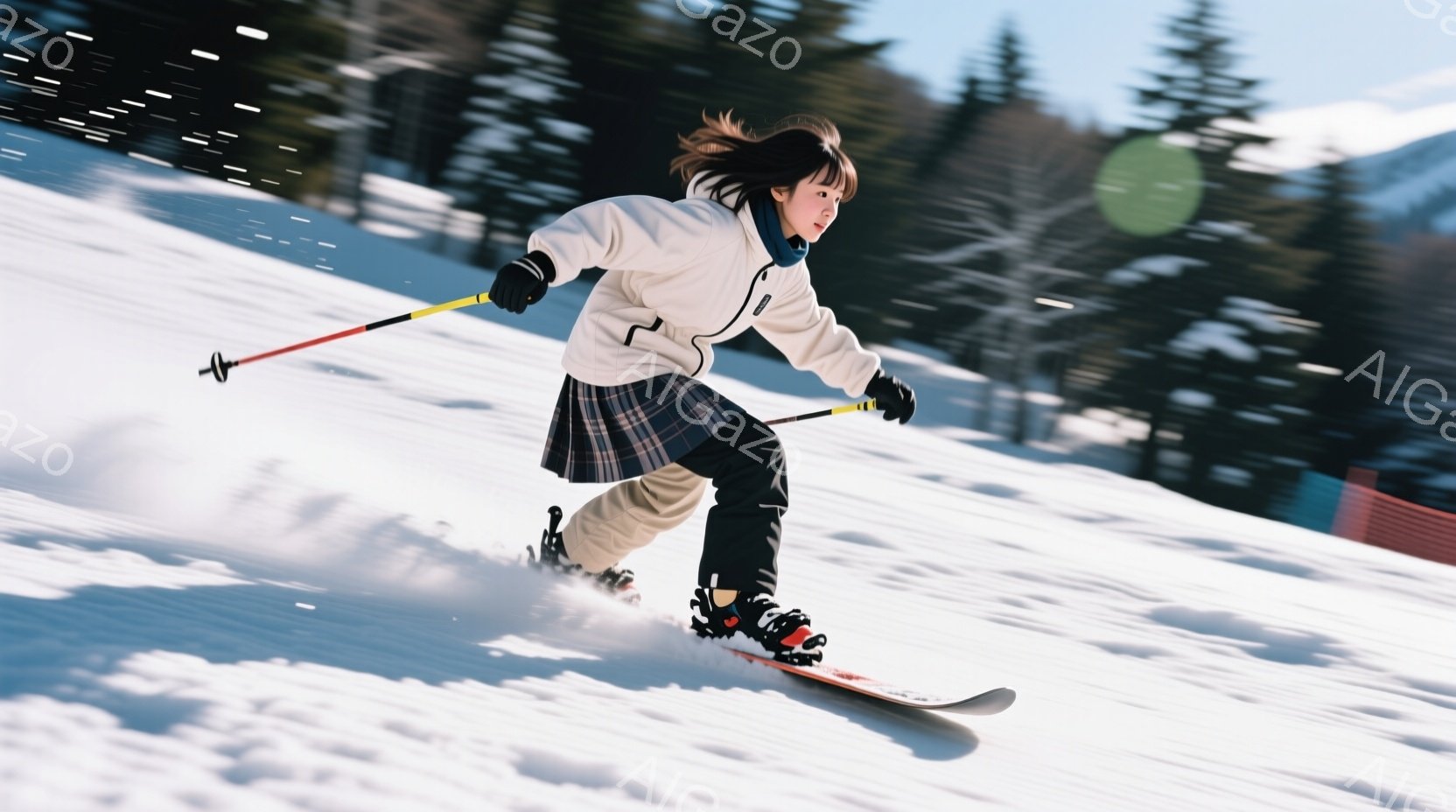 画像はスキー場で滑走する少女を捉えています。彼女は白いジャケットとチェック柄のスカート、黒いレギンスを身につけ、黒い髪を後ろで結んでいます。背景には雪に覆われた木々と青空が広がり、晴れた日のスキーを楽しんでいる様子が伝わってきます。