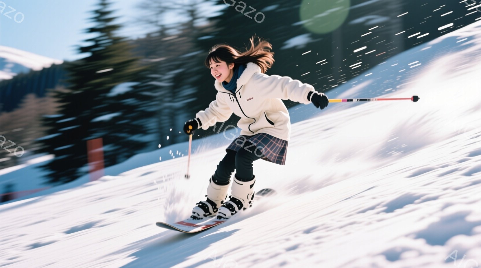 スキーをする若い女性が写っている。彼女は白いファー付きのジャケット、チェック柄のスカート、スキーブーツを着用し、髪は後ろでまとめて少し乱れている。背景には雪景色が広がり、遠くに山々が見える。