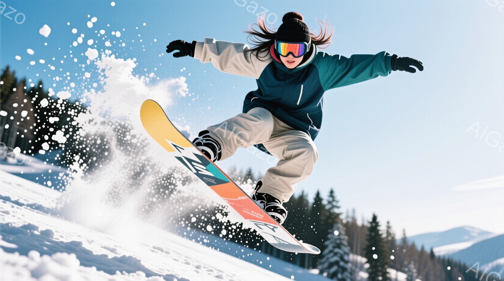 スノーボードを楽しむ女性が写っている。彼女は黒い髪を頭の上でまとめており、青と白のジャケットとズボンを着用し、ゴーグルをかけている。背景には雪に覆われた木々と晴れた空が広がり、活気に満ちた冬の雰囲気が - AI生成フリー素材