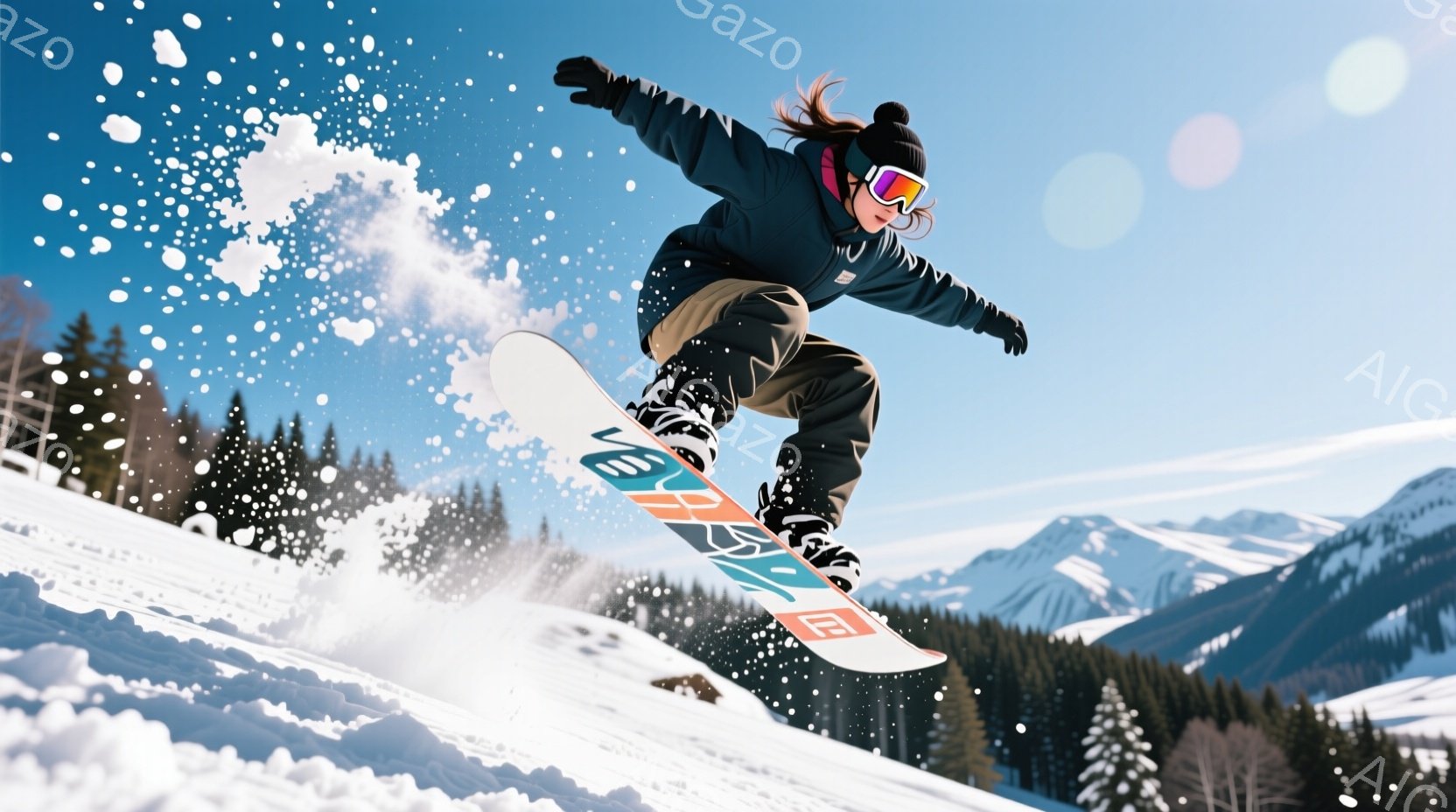 スノーボードを楽しむ女性が写っている。彼女は黒いジャケットとパンツ、ゴーグルを着用し、髪は後ろでポニーテールにまとめられている。背景には雪山と森林が広がり、晴天の下、雪が舞う冬の風景が広がっている。