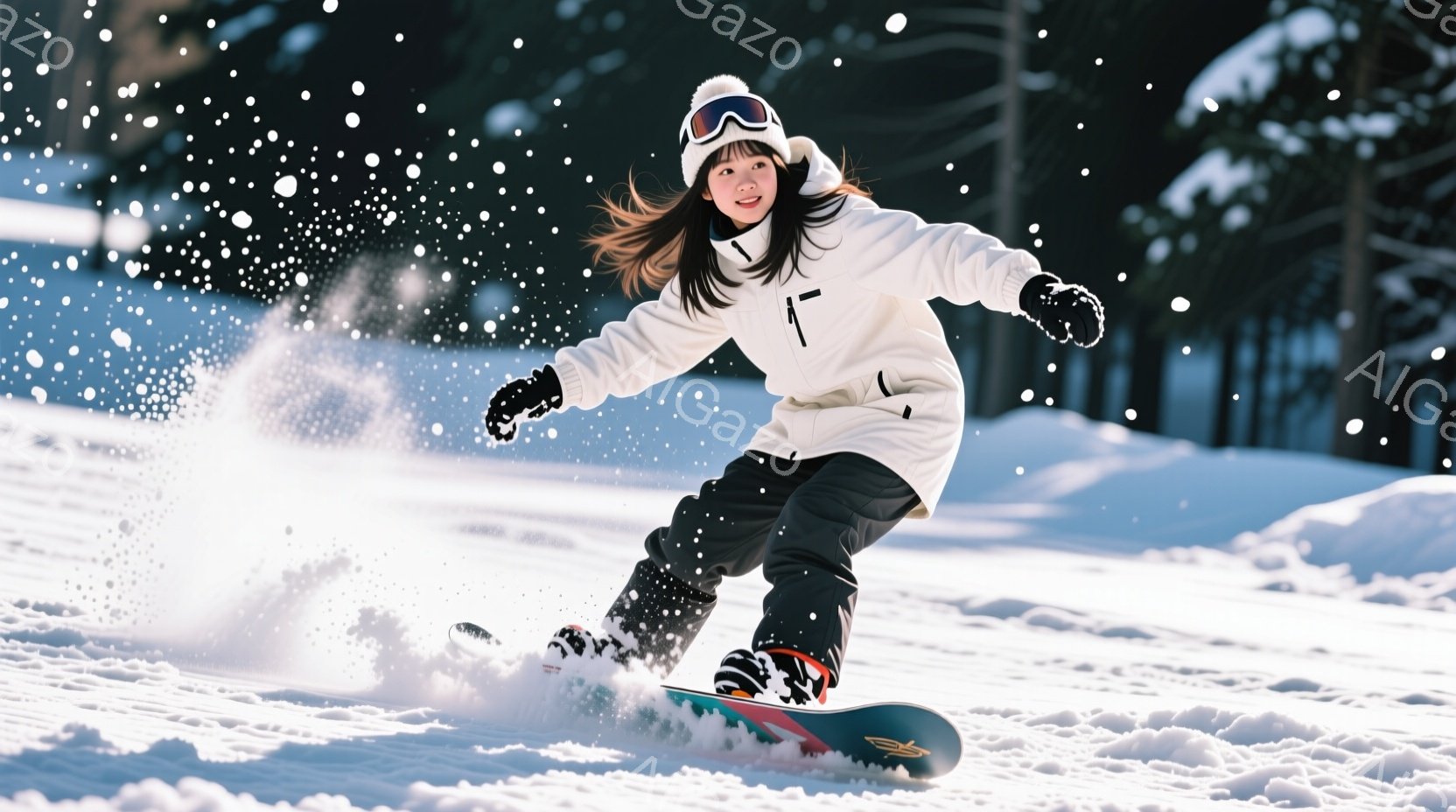 スノーボードを楽しむ若い女性が写っています。彼女は白のジャケットと黒のズボンを着用し、頭には白い帽子、顔にはゴーグルをつけています。雪が舞い、背景にはぼやけた木々が見え、冬の活気ある雰囲気が伝わってきます。
