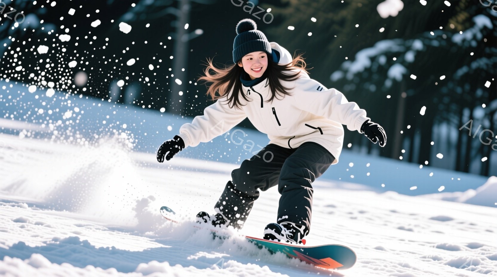 雪山でスノーボードを楽しむ女性が写っています。彼女は黒いニット帽を被り、白いジャケットと黒いズボンを着用し、楽しそうな笑顔を浮かべています。背景には雪に覆われた木々と青空が広がり、吹雪が舞う冬の景色が - AI生成フリー素材