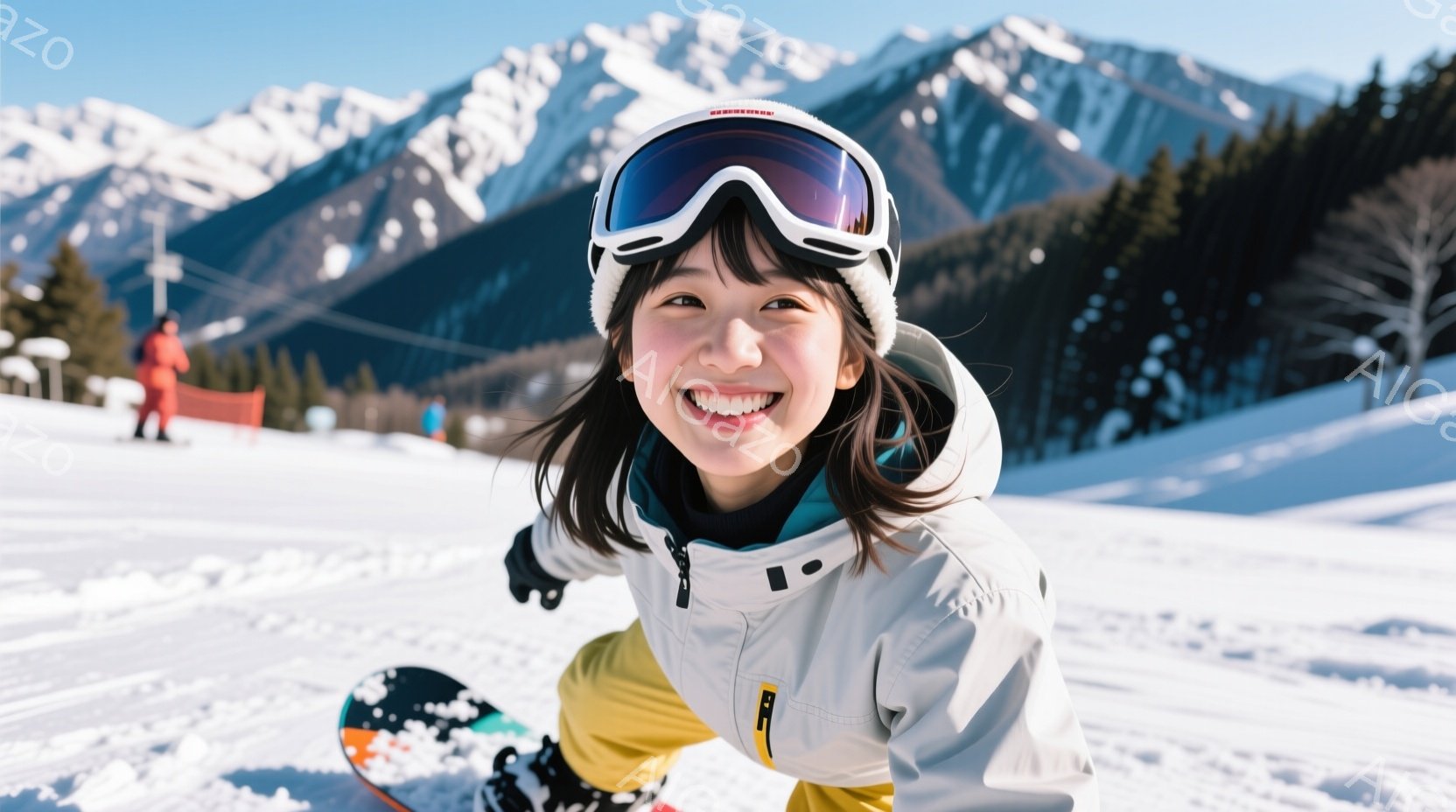 スノーボードをする女性が写っています。彼女は白いジャケットと黄色のインナー、そしてゴーグルを着用し、満面の笑みを浮かべています。背景には雪山とスキー場があり、晴天の下で雪が輝いています。 - AI生成フリー素材