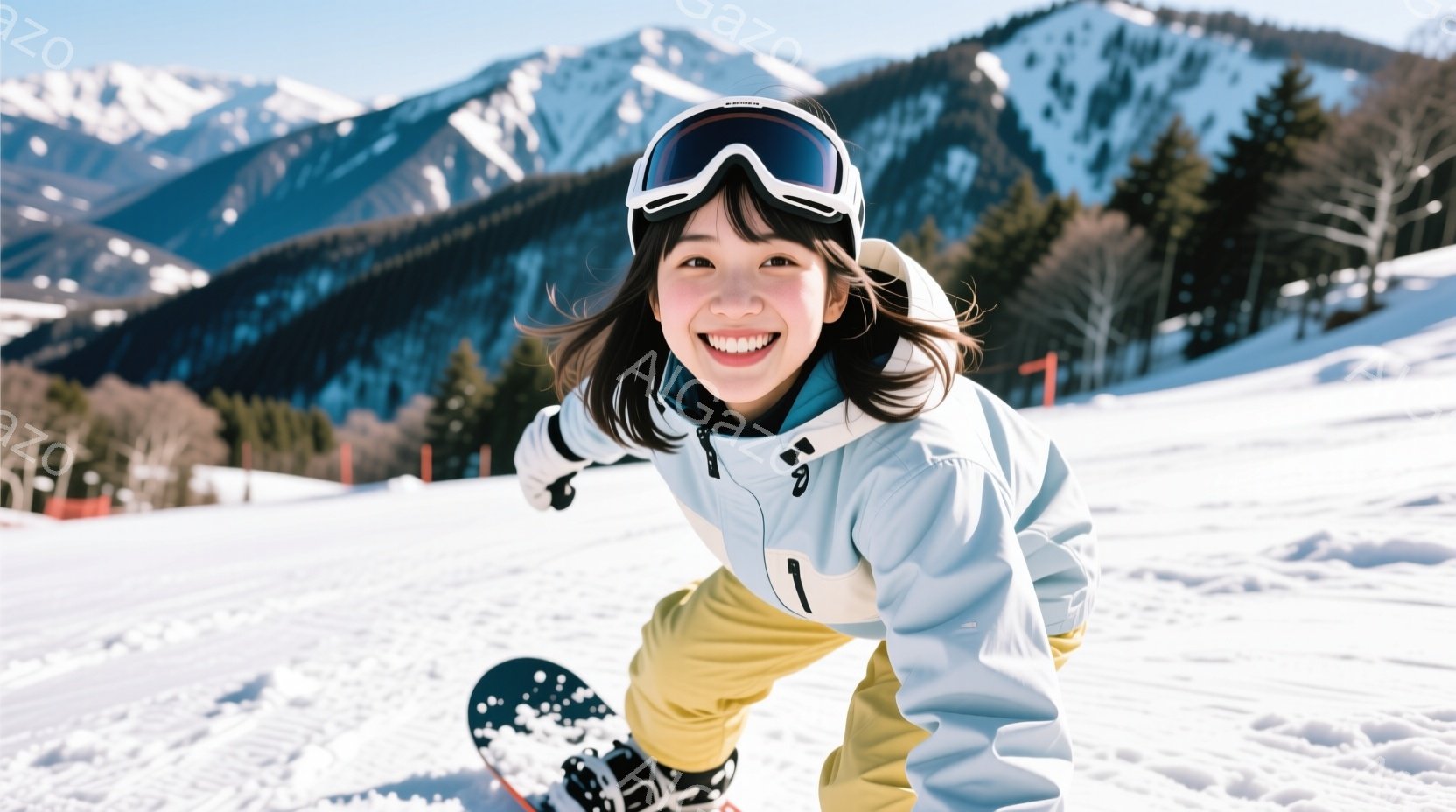 スノーボードウェアを着た若い女性が、雪山を背景に笑顔でカメラに向かってポーズを取っています。彼女は明るい茶色の髪を肩まで伸ばし、ゴーグルを着用、水色のジャケットと黄色のズボンを着ています。背景には雪に - AI生成フリー素材