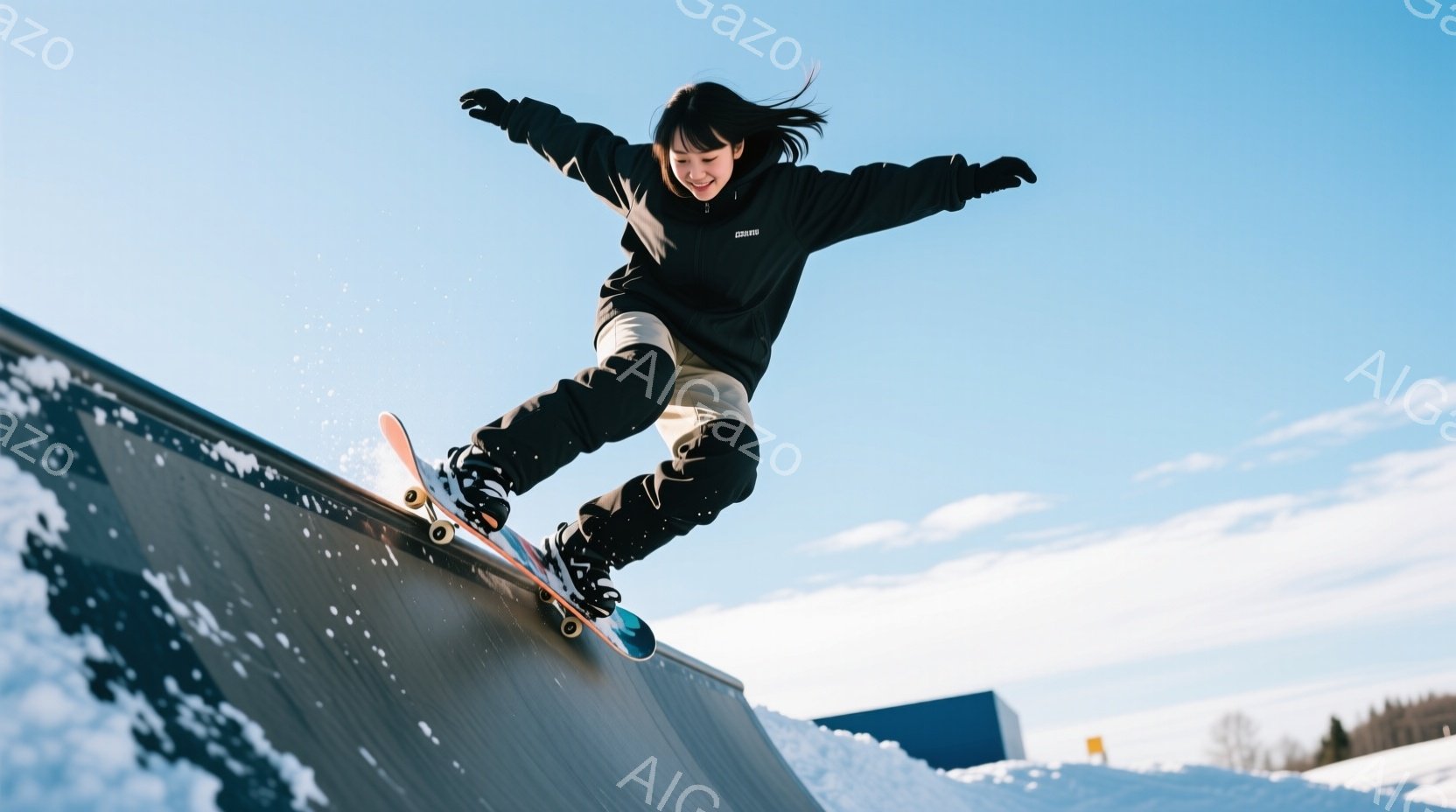 スノーボードをする若い女性が写っています。黒のジャケットとベージュのズボンを身に着け、髪を後ろでポニーテールにしています。彼女はスノーボードのハーフパイプで空中トリックを行い、笑顔で楽しんでいます。