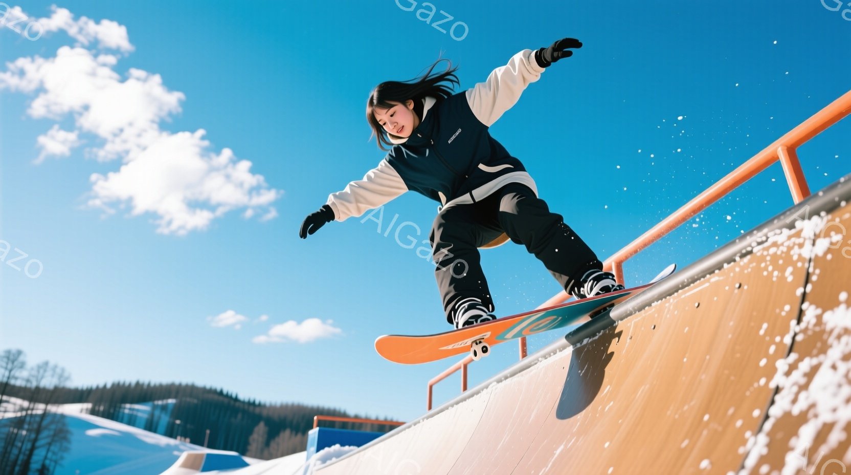 スノーボードをする女性が、オレンジ色のレールの上で空中姿勢をとっています。彼女は黒いスノーボードウェアと白いジャケットを着用し、髪は後ろでポニーテールに結ばれています。背景には雪景色が広がり、晴天の下、鮮やかな空と緑の木々が広がっています。