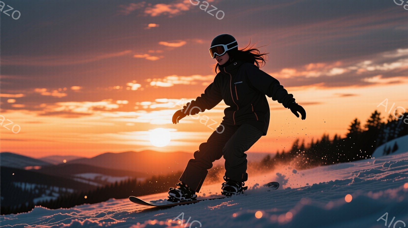 スノーボードを楽しむ女性が写っている。彼女は黒いジャケット、黒いズボン、そしてヘルメットを着用し、長くストレートの髪が背中から伸びている。背景には、夕焼けに照らされた山々が連なり、オレンジと紫色のグラ - AI生成フリー素材