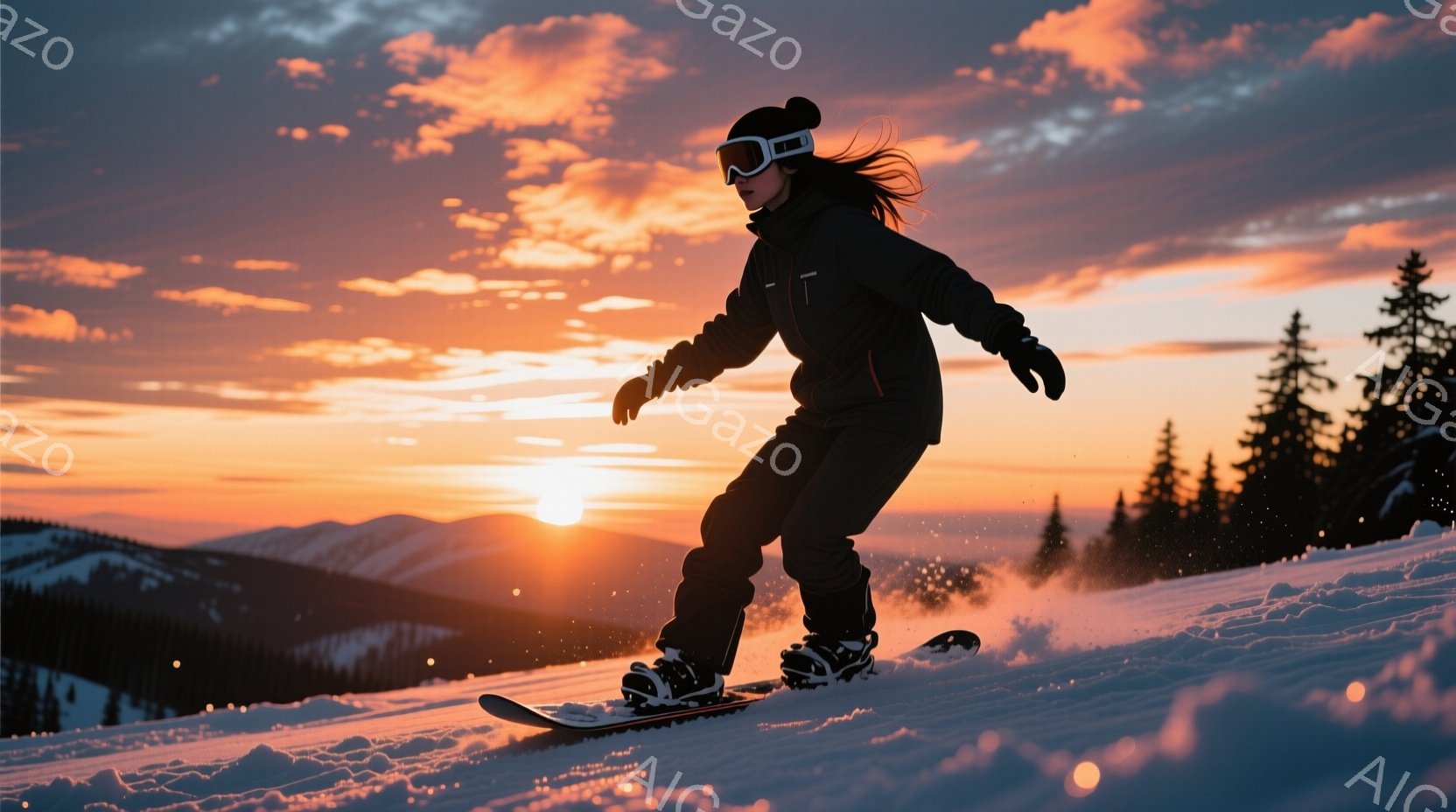 スノーボードをする女性が写っており、黒いウェアとゴーグルを着用し、髪は後ろでまとめています。彼女は斜面を滑降しており、膝を曲げたダイナミックな姿勢で、雪煙が舞い上がっています。背景には雪をまとった山々が連なり、夕焼けのオレンジと赤色が空を染め上げ、幻想的な雰囲気を醸し出しています。
