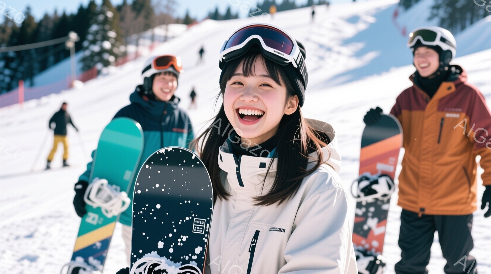 スノーボードをする若い女性が笑顔でカメラを見ている。彼女は白いジャケットと黒いズボンを着用し、黒髪をハーフアップにして、ゴーグルをかけている。背景には、他のスノーボーダーや雪山が広がり、晴れた冬の日の - AI生成フリー素材