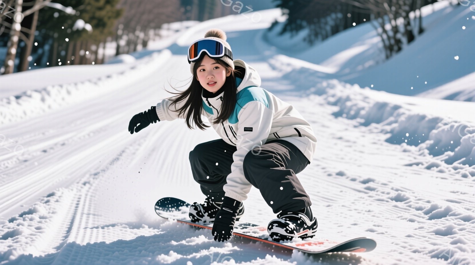 白いスキーウェアに身を包んだ女性が、雪上を高くジャンプしています。黒い髪を後ろでまとめ、満面の笑みを浮かべ、楽しげな表情をしています。背景には雪山と青空が広がり、晴天の下、爽やかな冬の雰囲気が漂ってい - AI生成フリー素材