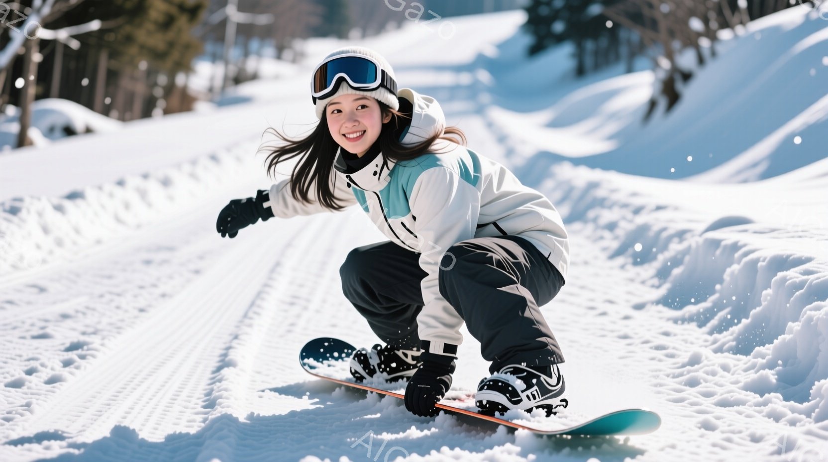 スノーボードに乗った女性が写っています。彼女は黒髪を少し散らし、白いスキーウェア、黒のズボン、ゴーグルを着用し、笑顔を見せています。背景には雪景色が広がり、晴天の下で雪質も良く、活気のある冬の雰囲気が - AI生成フリー素材