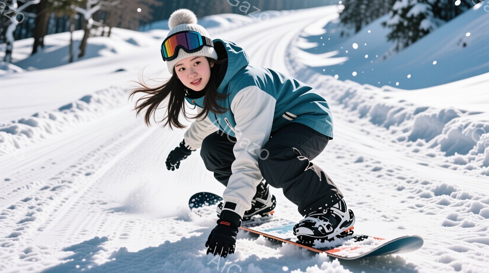 雪山を滑走する女性が写っています。彼女は黒髪を少し降ろしたスタイルで、青と白のスキーウェア、黒のゴーグルと帽子を着用し、顔は笑顔で輝いています。雪面に描かれた軌跡が彼女の動きを強調し、背景には雪に覆わ - AI生成フリー素材