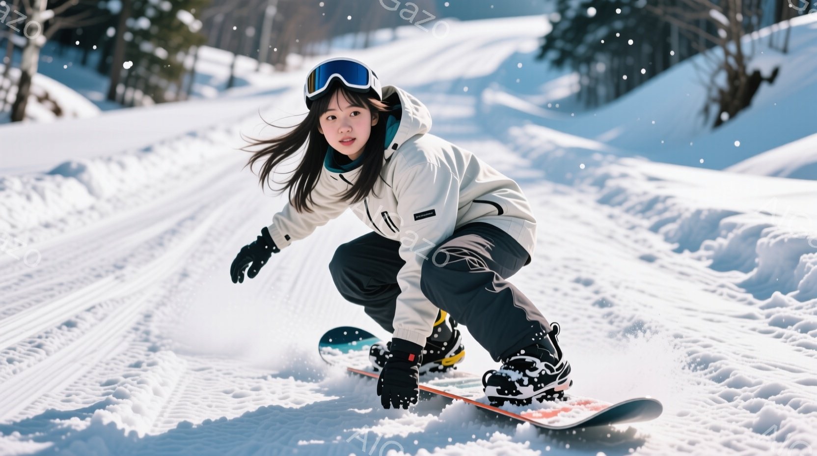 スノーボードを楽しむ若い女性が写っています。彼女は白のパーカーと黒のズボンを着用し、黒髪を少し垂らしてヘルメットとゴーグルを着用しています。背景には雪景色が広がり、雪質は良好で、活気のある冬の雰囲気が - AI生成フリー素材