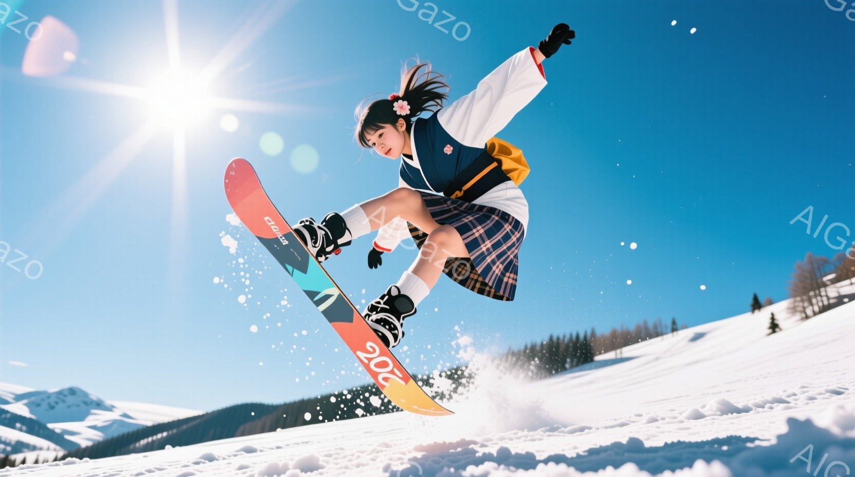 スノーボードを楽しむ若い女性が写っています。彼女はチェック柄のスカート、白い長袖シャツ、そして濃い青色のジャケットを着ており、髪を高く結い、髪飾りをつけています。背景には雪山が広がり、晴天の下で雪が舞 - AI生成フリー素材