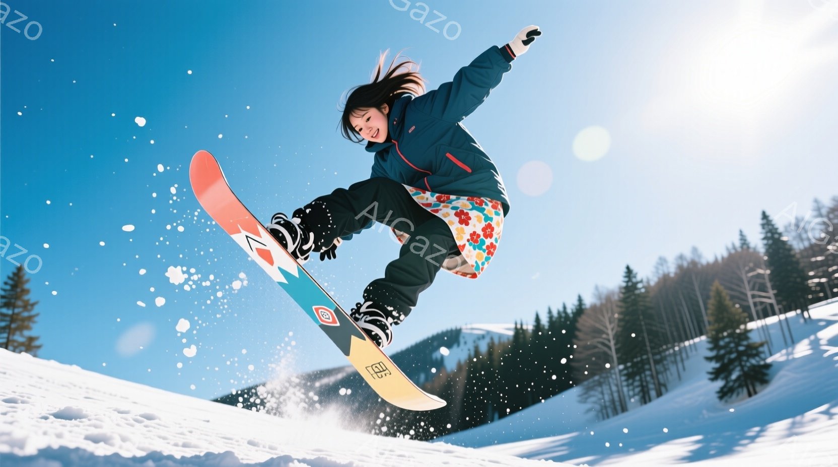 スノーボードに乗った若い女性が空中でジャンプしている様子が写っている。彼女は濃い青色のジャケットと花柄のズボンを着用し、黒い髪は風になびいている。背景には雪をまとった木々と、晴れた青空が広がり、爽やか - AI生成フリー素材
