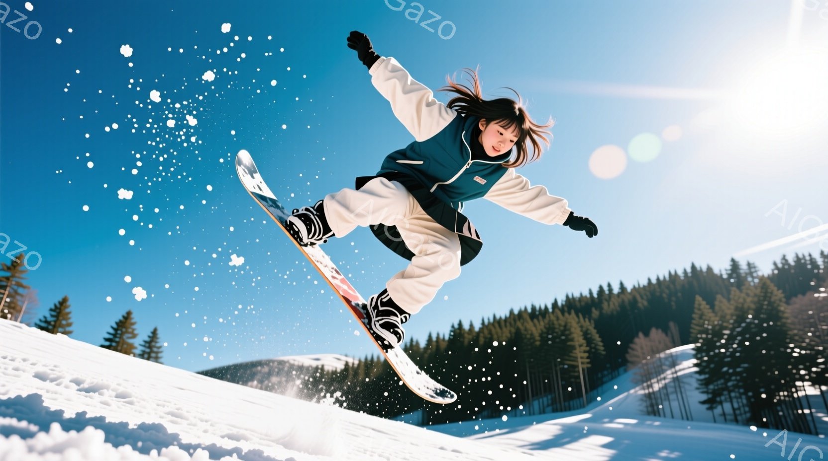 雪の上をスノーボードでジャンプする若い女性が写っています。彼女は白いジャケットに黒いライン、黒いズボンを着用し、髪は後ろで結ばれています。背景には緑の針葉樹林と雪で覆われた丘が広がり、晴天の空と太陽が - AI生成フリー素材