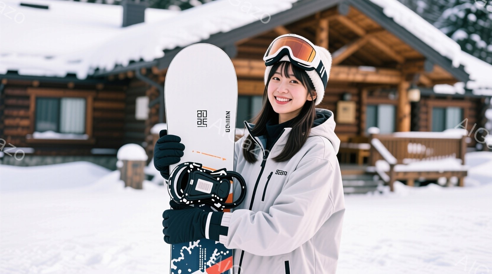 雪景色の中で、女性がスノーボードとビンディングを持って笑顔で立っています。彼女は黒髪をハーフアップにし、白いスキーウェア、黒の手袋、ゴーグルを着用しています。背景にはログハウスのような建物があり、雪が - AI生成フリー素材