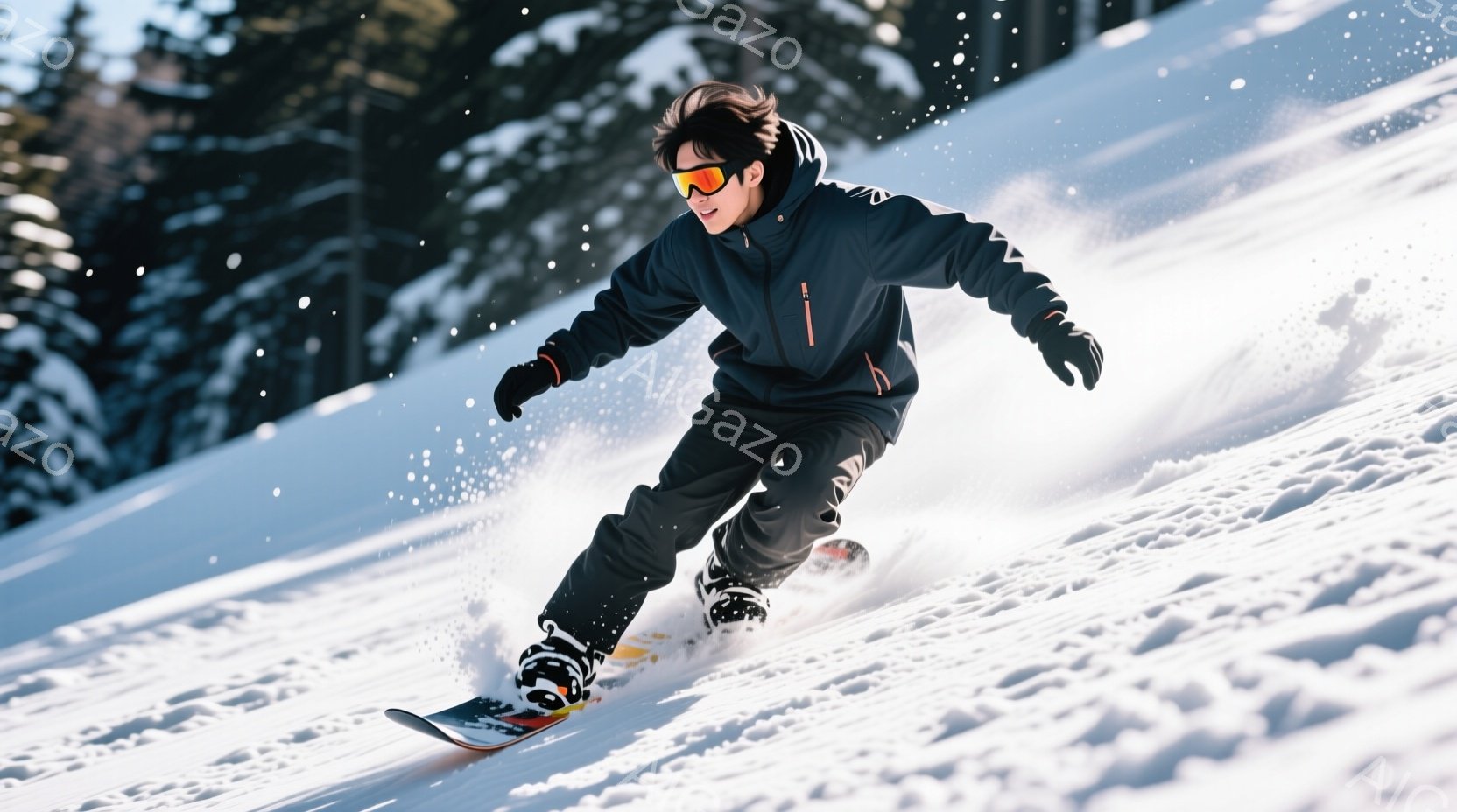 スノーボードをする男性が写っている。彼は黒のジャケットとズボンを着用し、サングラスをかけている。背景は雪景色で、雪が舞っている様子から冬の屋外であることがわかる。 - AI生成フリー素材