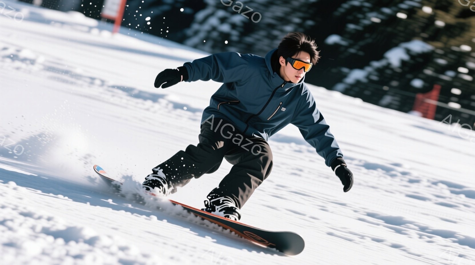 スノーボードをする男性が写っている。彼は濃い色のジャケットと黒いズボン、ゴーグルを着用しており、髪は短く整えられている。背景には雪山とスキー場の一部が見え、晴天の下、活気のある雰囲気が感じられる。 - AI生成フリー素材