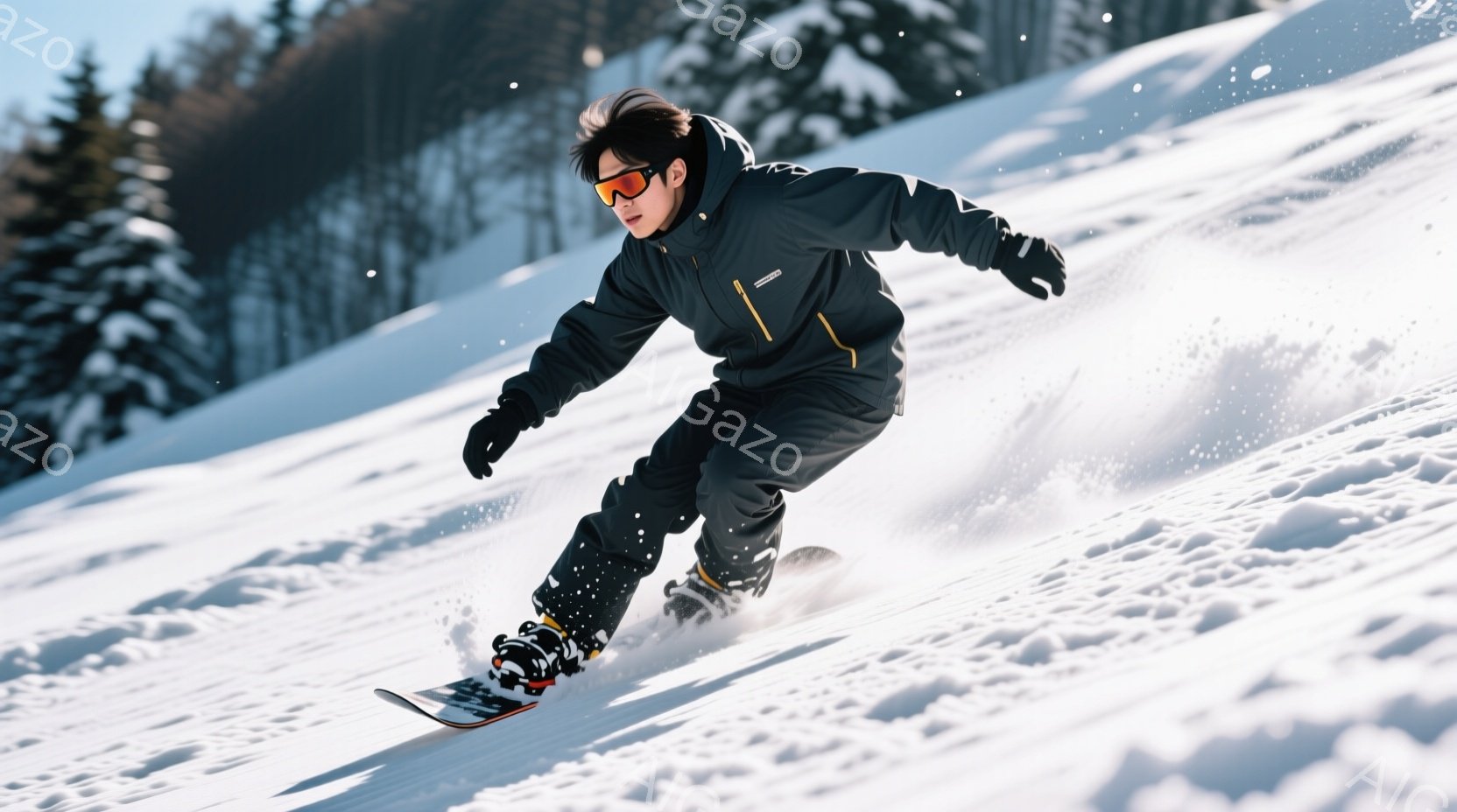 スノーボードをする男性が写っており、黒のジャケットとパンツ、そしてゴーグルを着用しています。彼はスノーボードに乗って斜面を下っており、スピード感のあるポーズで、雪煙が舞い上がっています。背景には、雪をまとった木々が見え、晴天の下、爽やかな冬の風景が広がっています。