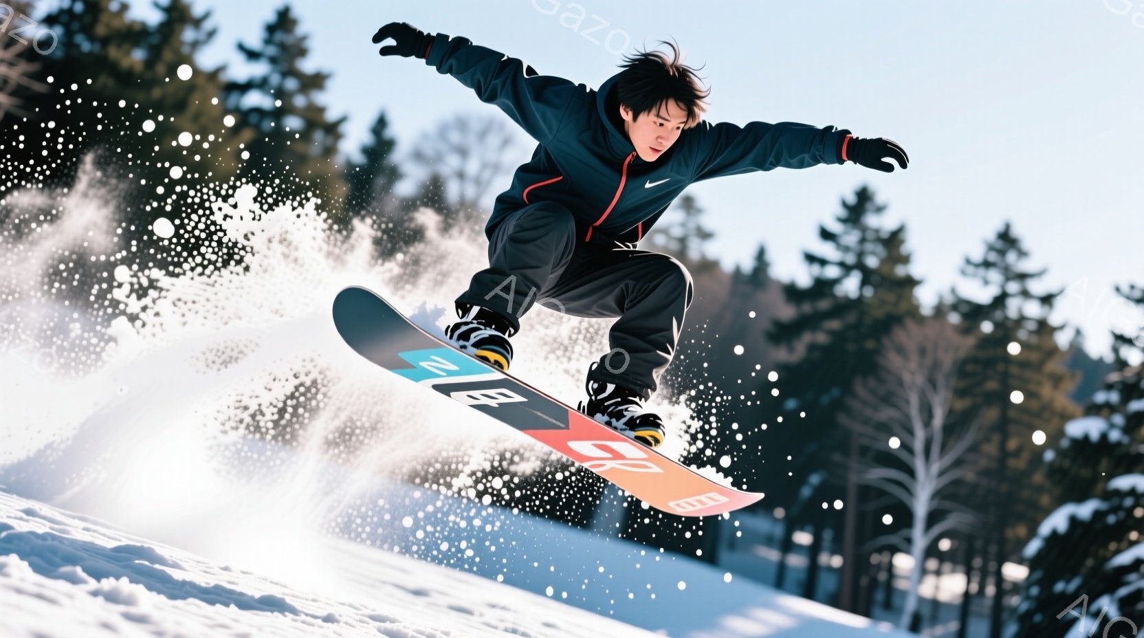 スノーボードをする若い男性が写っています。彼は黒のジャケットとパンツを着用し、頭髪は短く、表情は真剣です。背景には雪に覆われた木々があり、雪が舞っていることから冬の晴れた日であることがわかります。