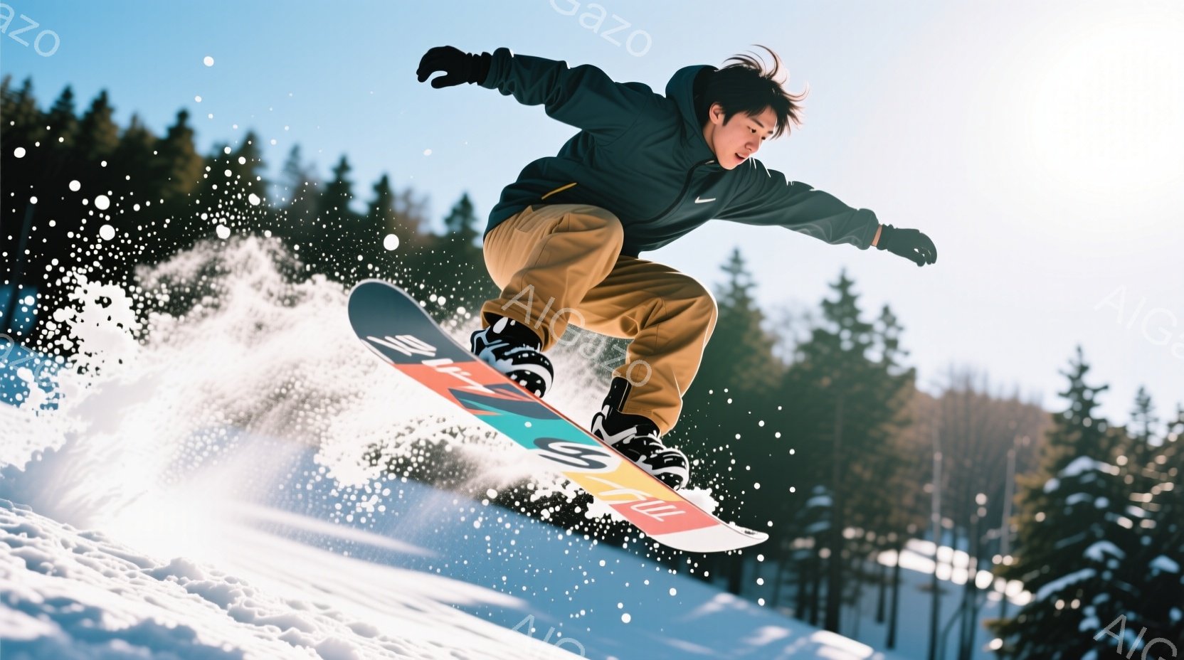 スノーボード選手が空中でのジャンプを決めています。彼は黒のジャケットと茶色のズボンを着用し、黒い髪は風になびいています。背景には雪に覆われた木々と白い雪景色が広がり、晴天の下で活気あるウィンタースポー - AI生成フリー素材