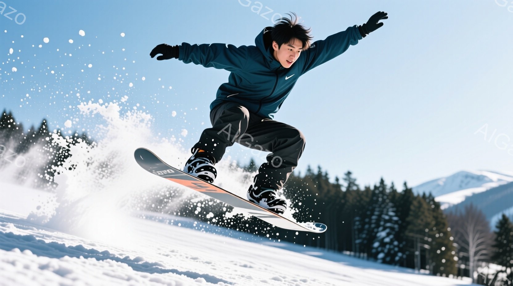 スノーボードを楽しむ若い男性が写っている。彼は黒のジャケットと黒のズボンを着用し、黒髪を短く整えている。背景には雪をまとった木々と山々が広がり、晴天の下、雪が舞い散る冬の風景が広がっている。 - AI生成フリー素材