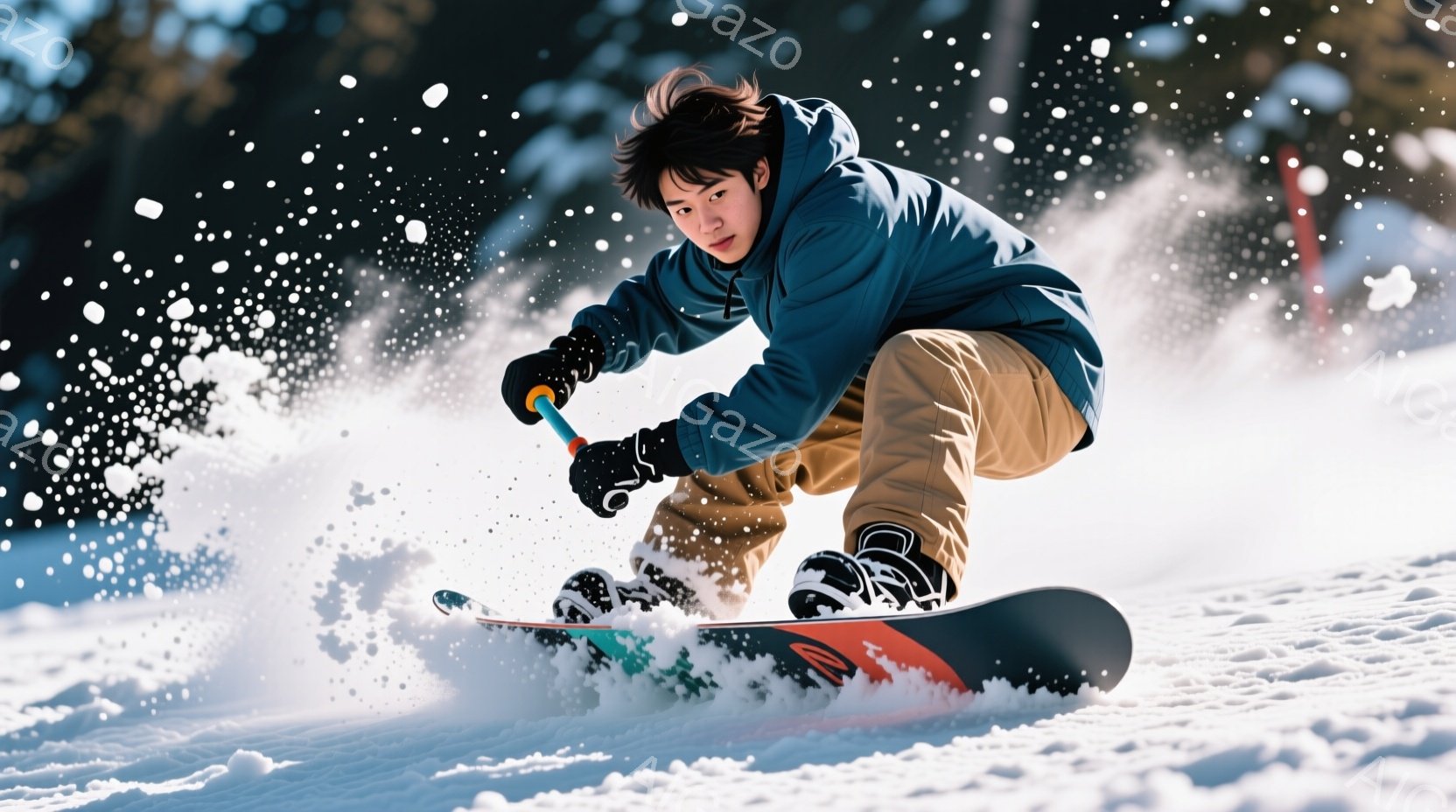 スノーボードをする若い男性が写っています。彼は濃い茶色の髪で、青いジャケットとベージュのズボンを着用し、スノーボードに乗って雪の上を滑走中です。雪が舞い上がり、彼のダイナミックな動きとスノーボードの軌跡が強調されています。