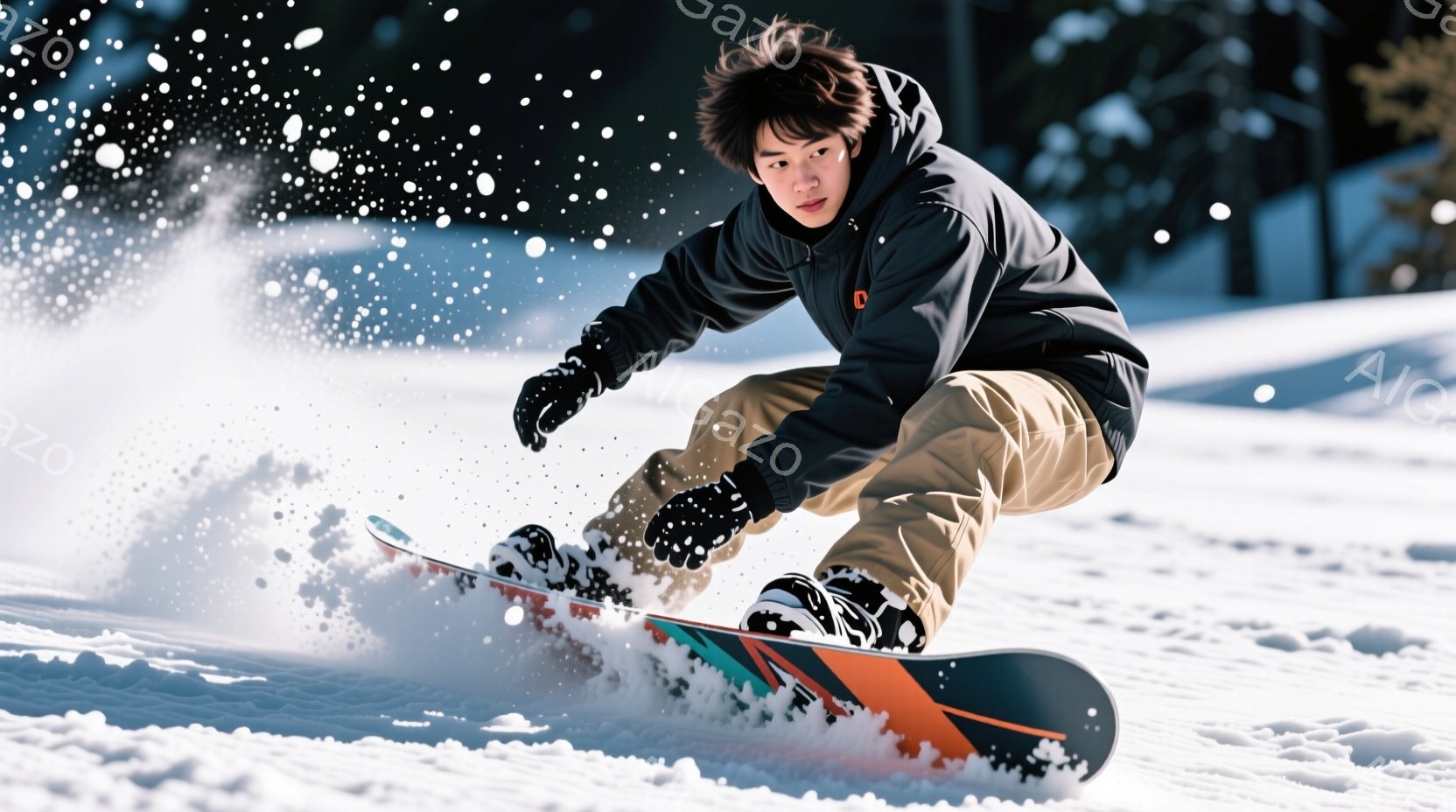 スノーボードをする若い男性が写っています。彼は黒のジャケット、ベージュのズボン、黒のグローブとブーツを着用し、少し無造作なヘアスタイルで、集中した表情をしています。背景は雪景色で、ぼやけた木々が見え、雪が舞う冬の日のアクティブな雰囲気が伝わってきます。