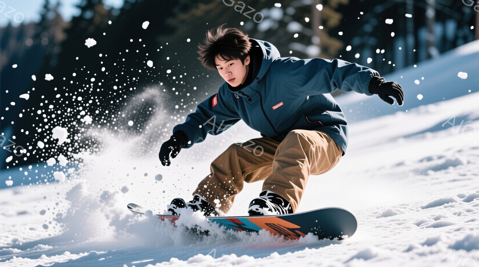スノーボードを楽しむ若い男性が写っている。彼は濃い青色のジャケットと茶色のズボンを身につけ、黒いヘアスタイルで、集中した表情でスノーボードに乗っている。背景は雪景色で、白い雪が舞い、晴れた冬の日のアク - AI生成フリー素材