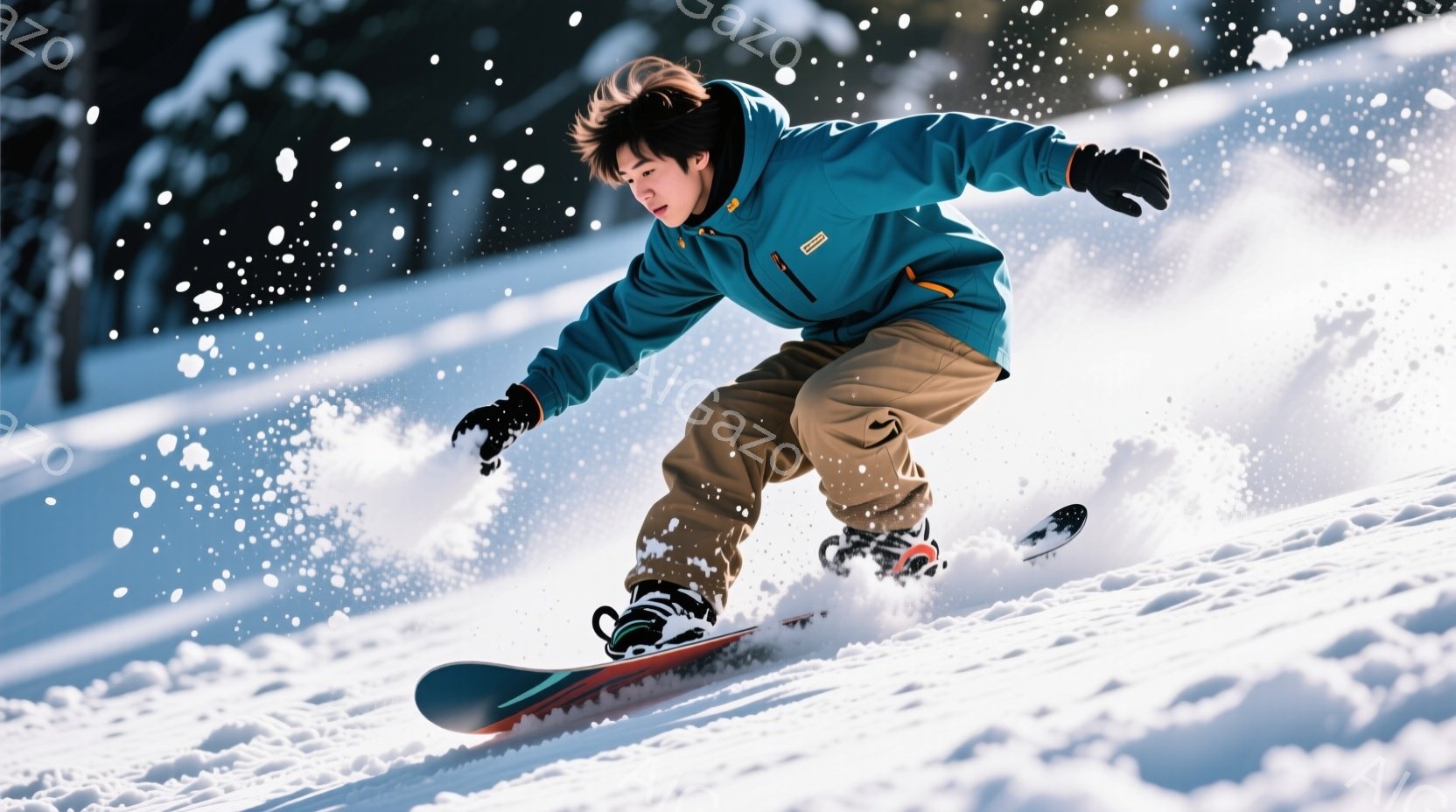 スノーボードをする男性が写っており、ターコイズブルーのジャケットとベージュのズボンを着用しています。彼は少し前かがみの姿勢で、雪面を滑走しており、顔には集中した表情が見られます。背景は一面の雪景色で、 - AI生成フリー素材
