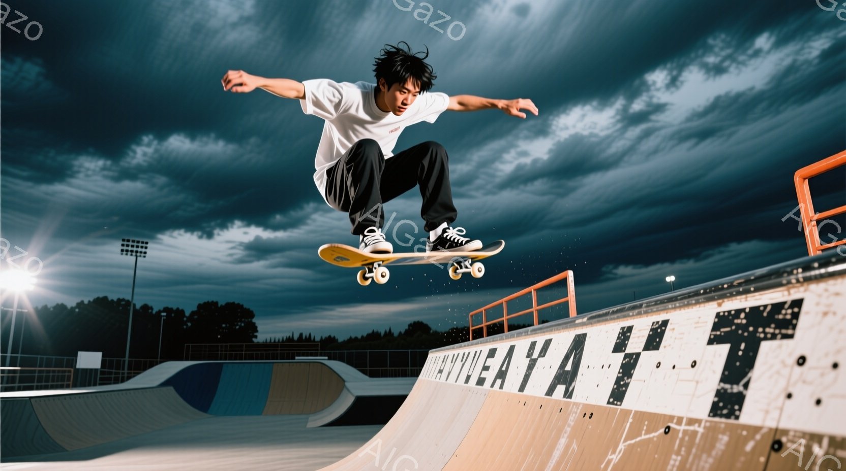 若い男性がスケートボードでハーフパイプの縁を飛び越えようとしている瞬間を捉えた写真です。彼は白のTシャツと黒のパンツを着用し、短く黒い髪をしています。背景には、夜空の下のスケートパークと木々が見え、照明が当たっています。