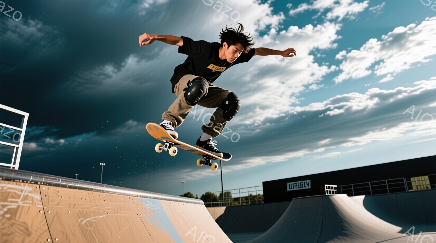 スケートボーダーがハーフパイプで空中技を行っている写真です。黒いTシャツに黒いズボン、黒いスニーカーを着用し、髪は少し無造作にセットされています。背景には、コンクリートの建物と、夕暮れ時の青い空と雲が - AI生成フリー素材