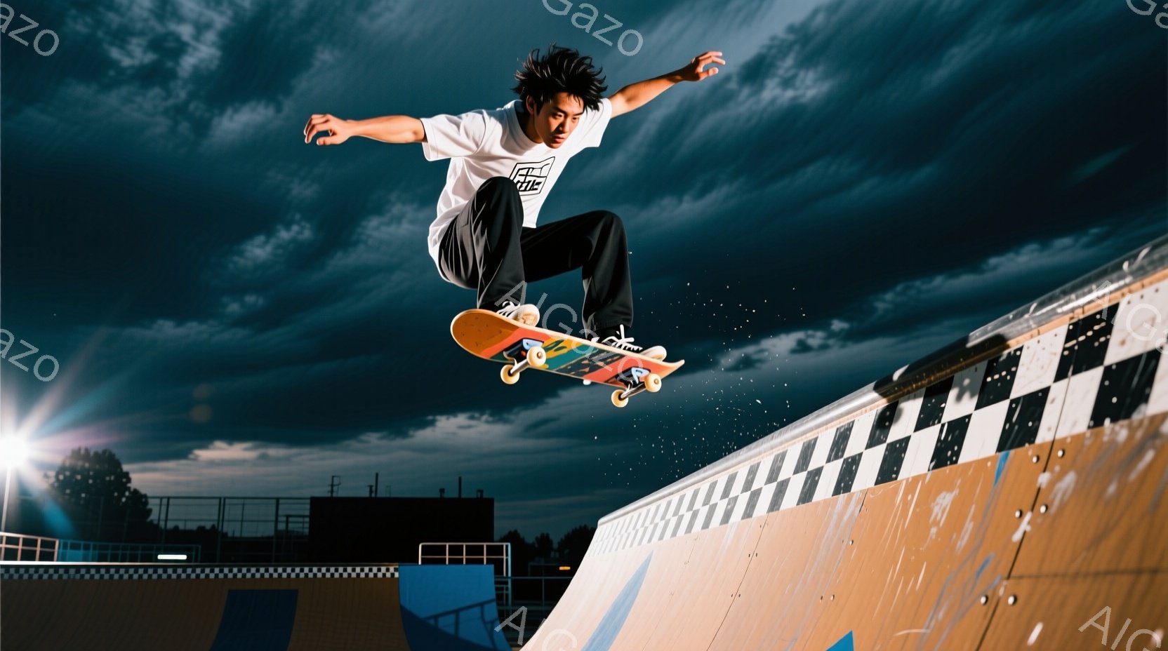 スケートボーダーがランプの上で空中で技を繰り出している様子が写っています。彼は白いTシャツに黒いパンツ、スニーカーを着用し、短髪で、集中した表情をしています。背景には建物や木々が見え、夕暮れ時の暗い空とランプの鮮やかなチェック柄が印象的な、躍動感あふれる瞬間を捉えた写真です。