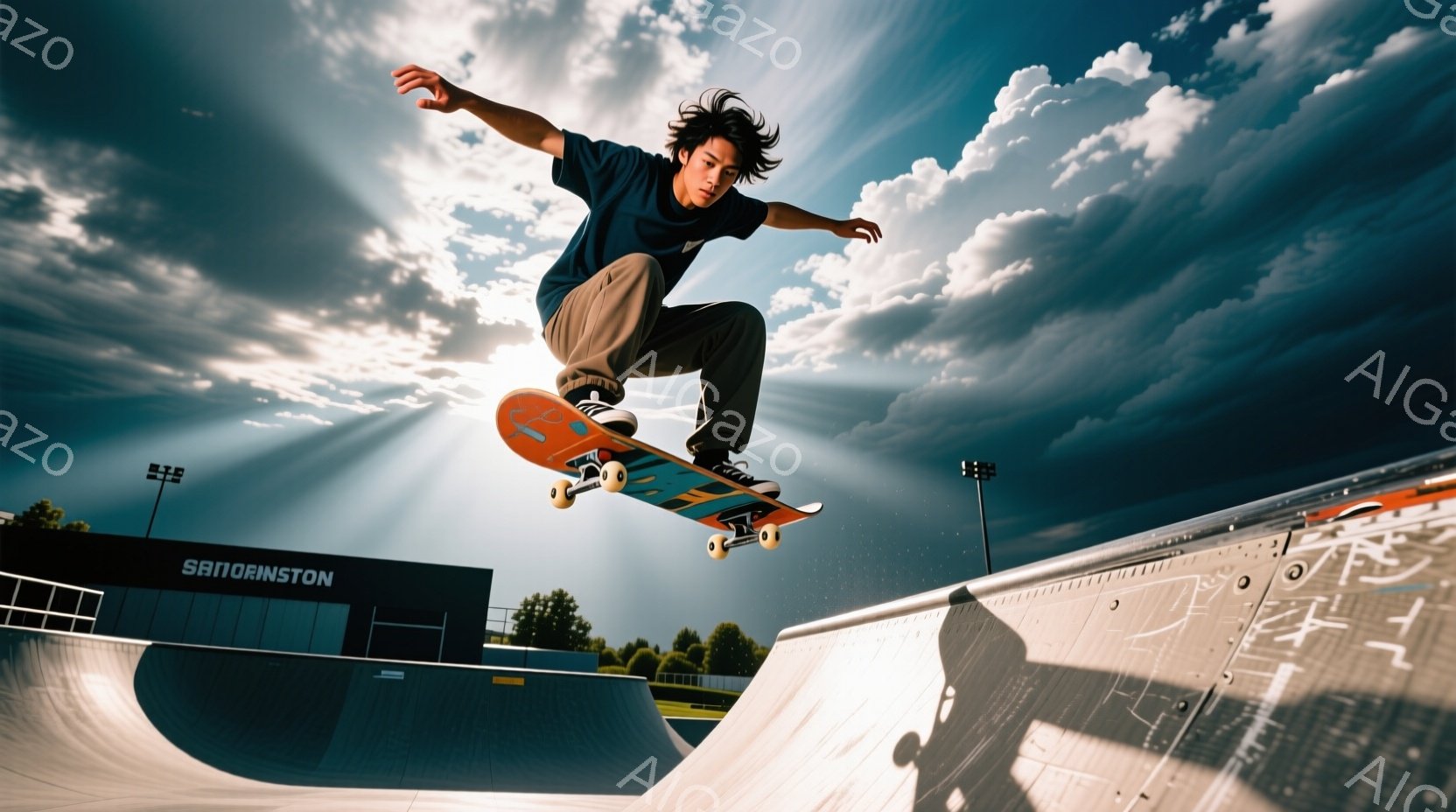 若い男性がスケートボードで手すりから飛び出す瞬間を捉えた写真です。彼は濃い青色のTシャツとカーキ色のパンツを着用し、黒髪を無造作に垂らしています。背景にはスケートパークのランプと、夕暮れ時の雲と太陽光 - AI生成フリー素材