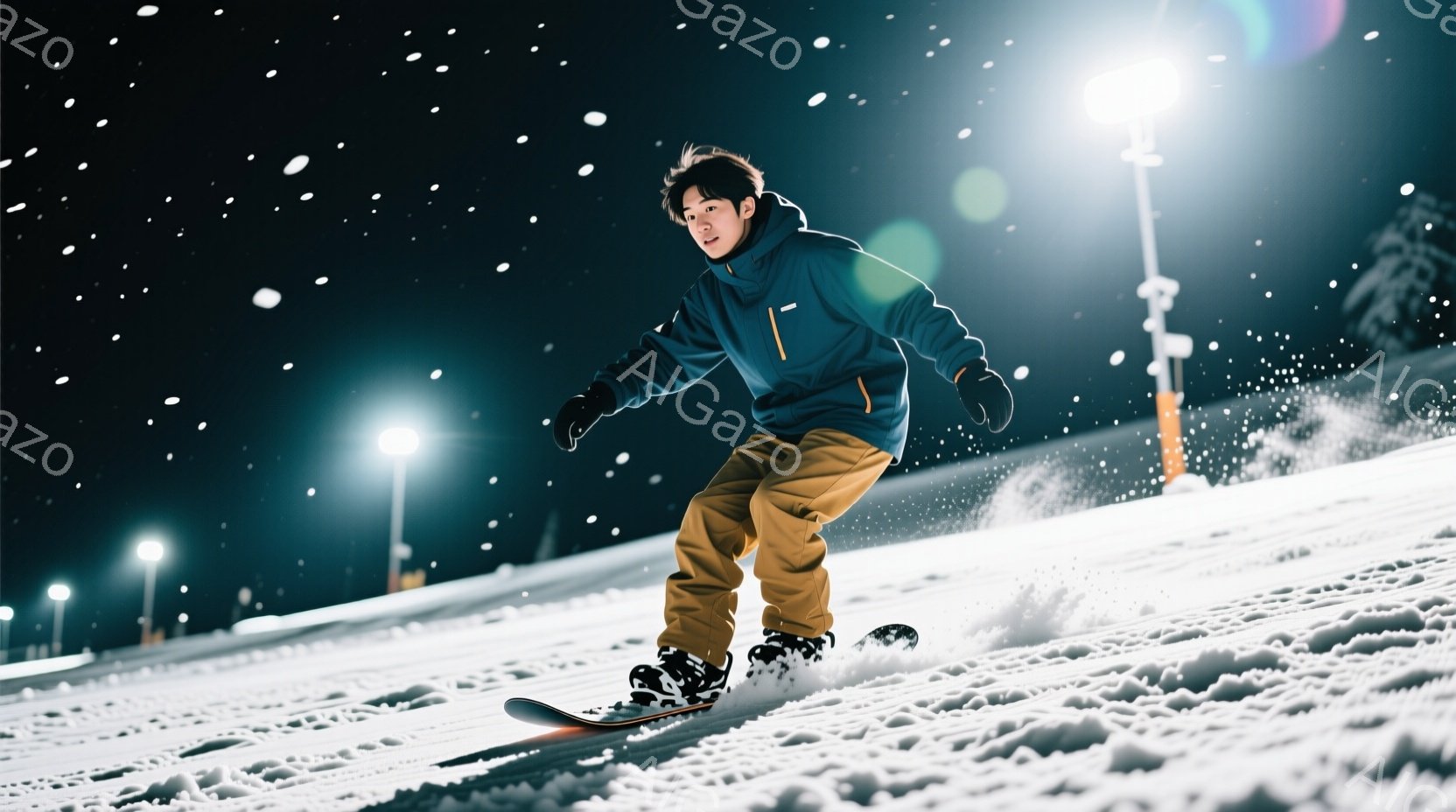 スノーボードに乗った若い男性が写っている。彼は紺色のジャケットと茶色のズボンを身につけ、黒いヘルメットをかぶっている。背景には雪景色が広がり、夜間の照明が灯っているため、活気がありながらも静かな雰囲気 - AI生成フリー素材