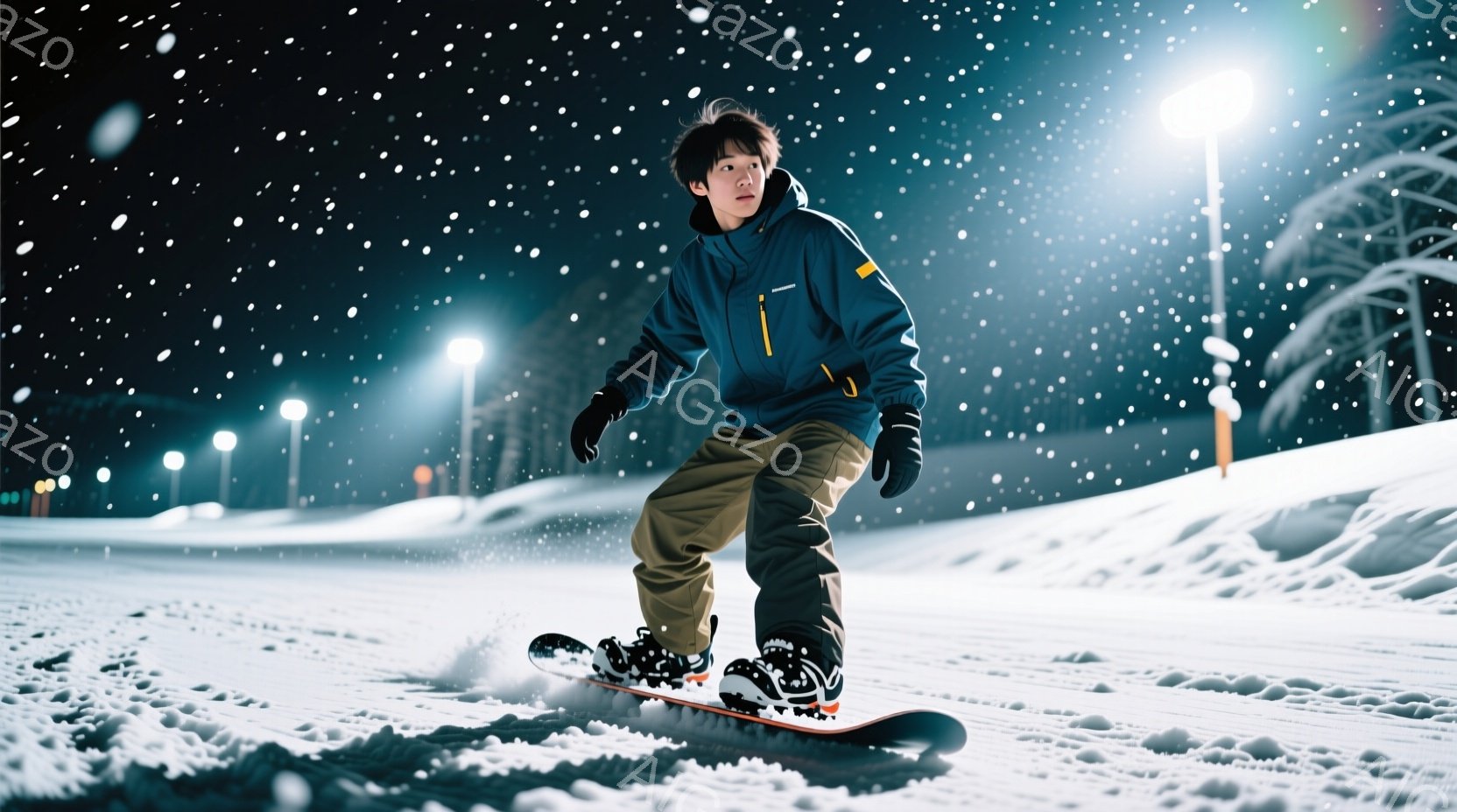 雪上をスノーボードで滑る男性が写っています。彼は濃い青色のジャケットにベージュ色のズボンを着用し、黒いヘアスタイルで、集中した表情をしています。背景には夜間のスキー場が見え、雪が強く降り積もっており、ライトアップされた構造物がぼんやりと見えます。