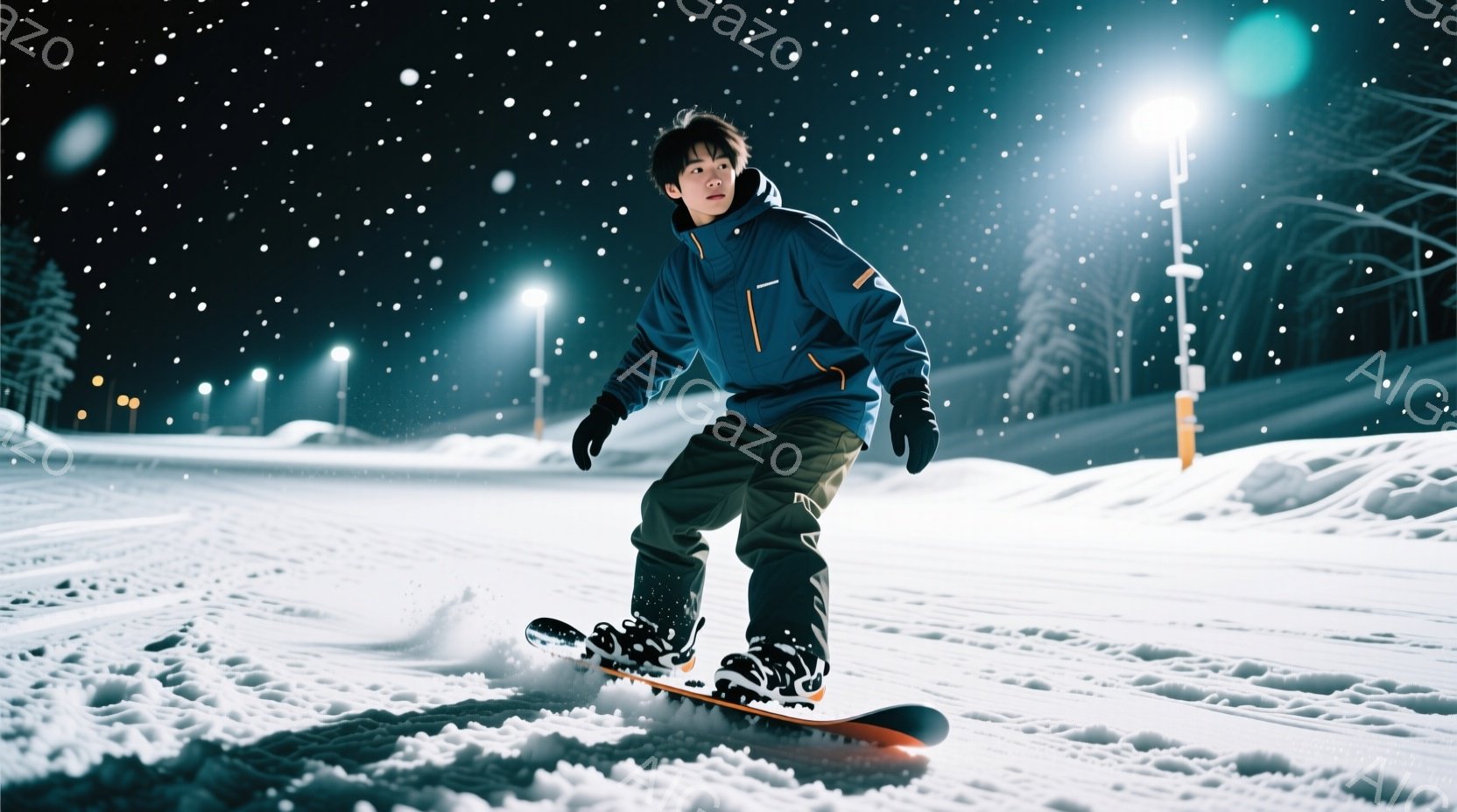 スノーボードをする若い男性が写っています。彼は濃い青色のジャケットと黒いズボンを着用し、黒髪を少し長めにしています。背景は雪景色で、夜間にライトアップされたスキー場であり、雪が舞い散る様子が捉えられて - AI生成フリー素材