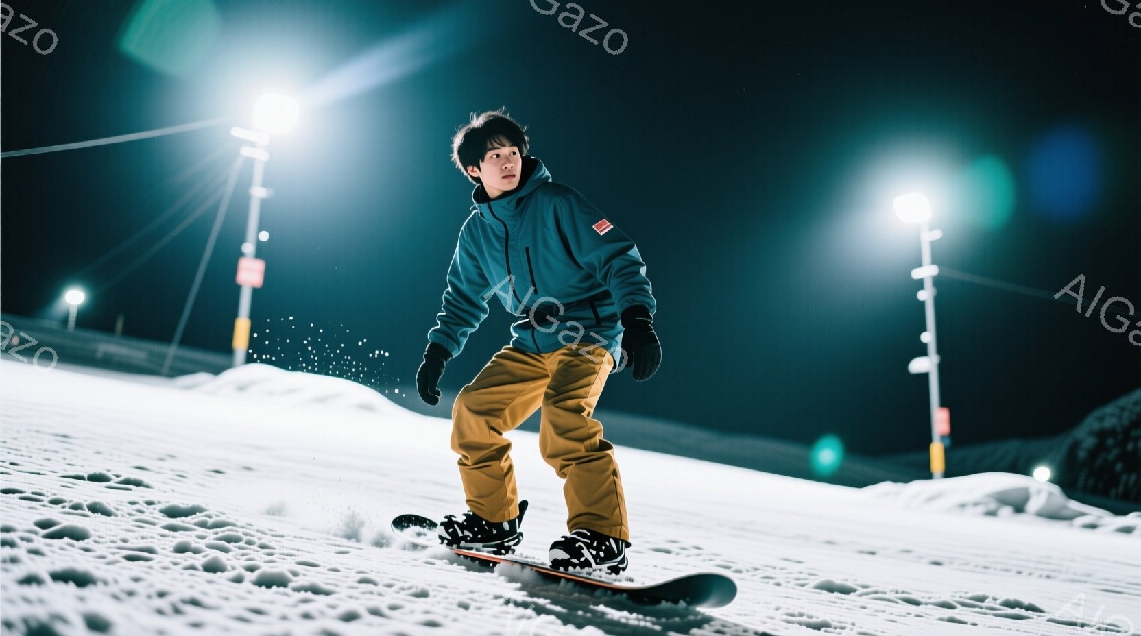 スノーボードをする若い男性が写っています。彼はネイビーブルーのジャケットとオレンジ色のズボンを着用し、黒いヘアスタイルで、少し真剣な表情をしています。背景は夜間のスキー場であり、雪が舞い、ポールライトが照らし出しており、活気ある冬の雰囲気が漂っています。