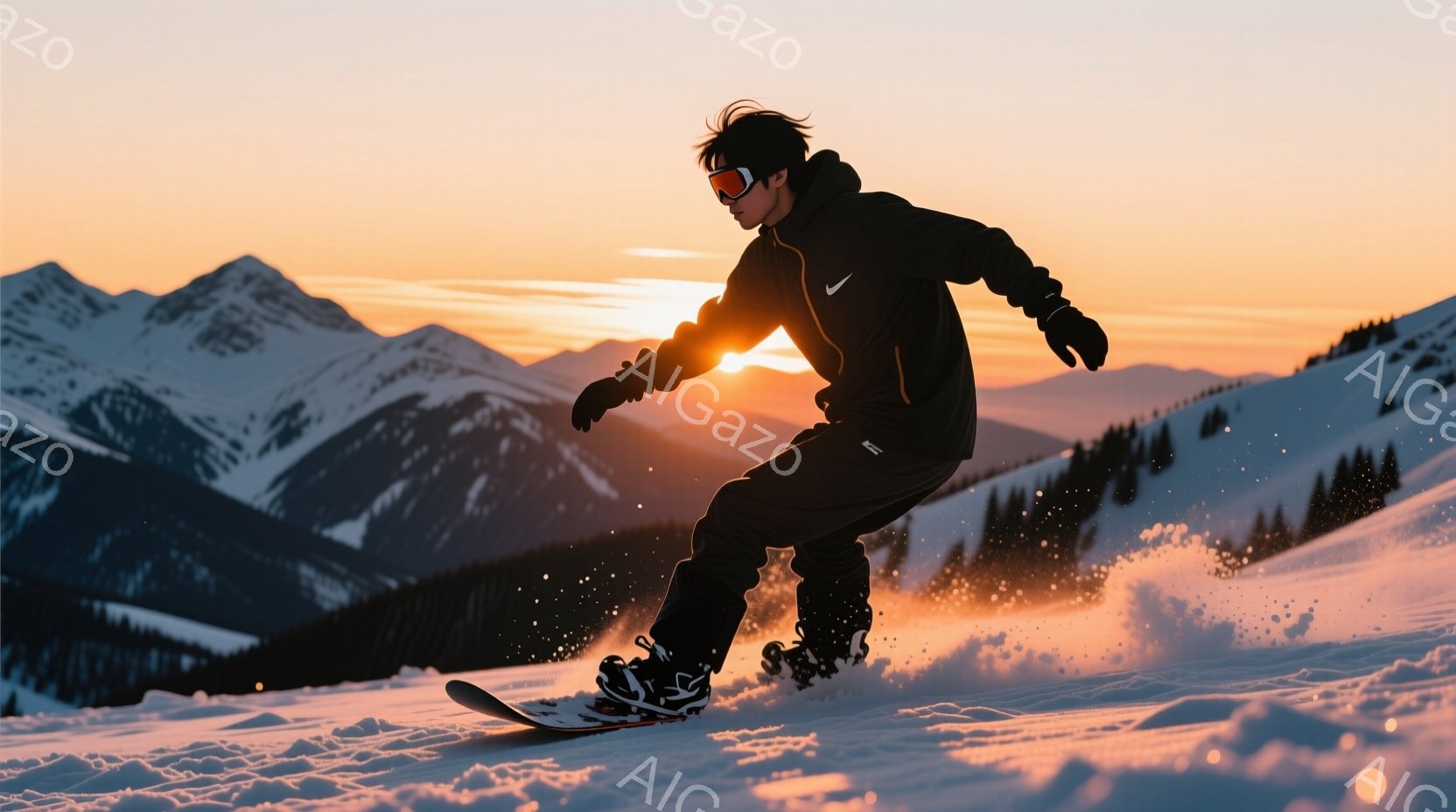 スノーボードをする男性が写っており、黒いウェアとゴーグルを着用し、髪はゴーグルからわずかに覗いています。彼は雪上を滑走しており、躍動感のある姿勢で雪煙を上げています。背景には雪山が連なり、夕焼けのよう - AI生成フリー素材