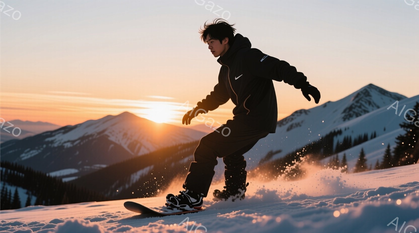 スノーボードをする男性が写っており、黒いジャケットとパンツを着用し、髪は短く、やや前髪がかかっています。彼は雪上を滑っており、左足を前に出してバランスを取りながら、躍動感のある姿勢を見せています。背景 - AI生成フリー素材