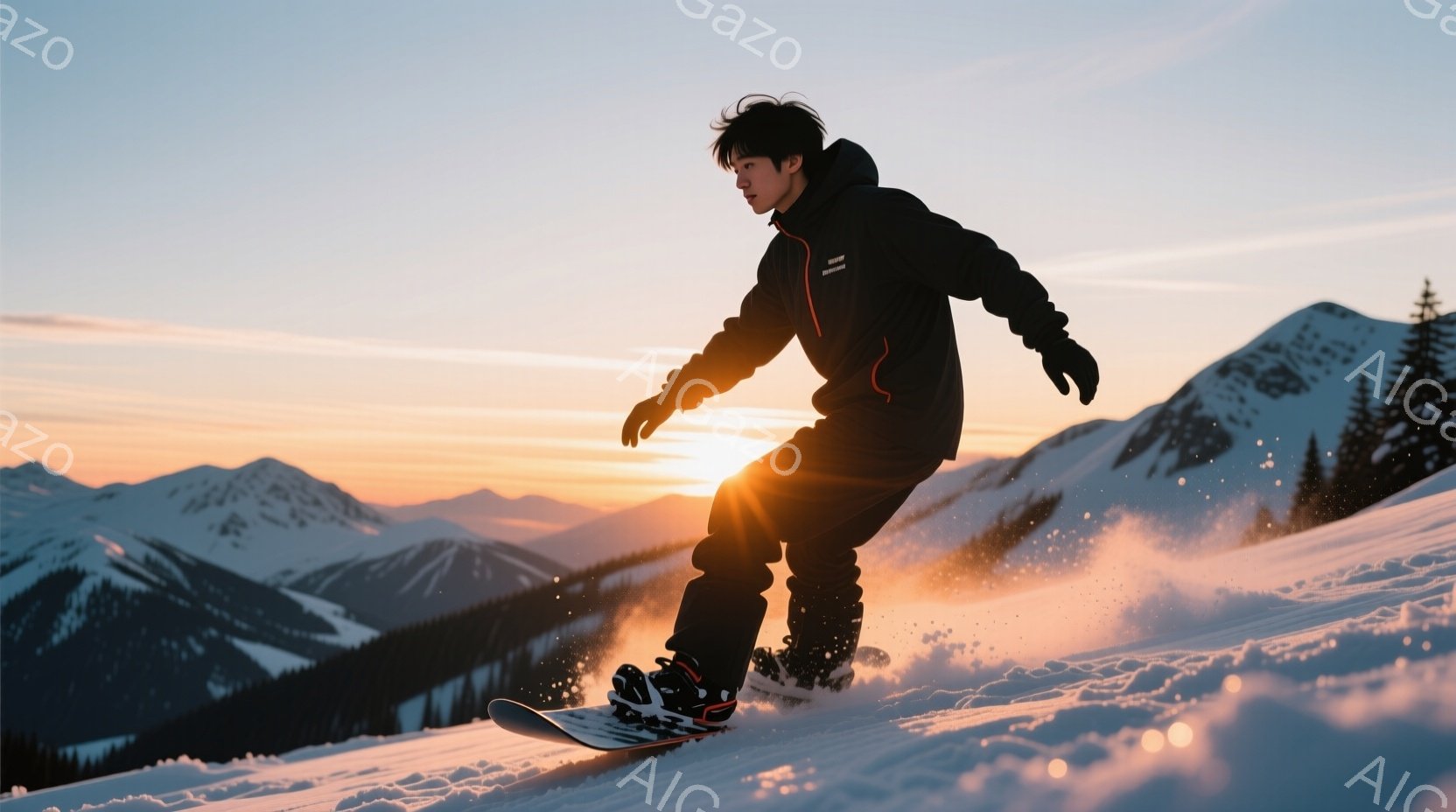 スノーボードを楽しむ男性が写っている。黒いパーカーと黒いズボンを着用し、ヘアスタイルは短髪で、顔ははっきりと見えないものの、集中している様子が伝わる。背景には雪山が連なり、夕焼けが空をオレンジ色に染め上げ、雪が舞う美しい景色の中に、躍動感あふれるスノーボードの瞬間が捉えられている。