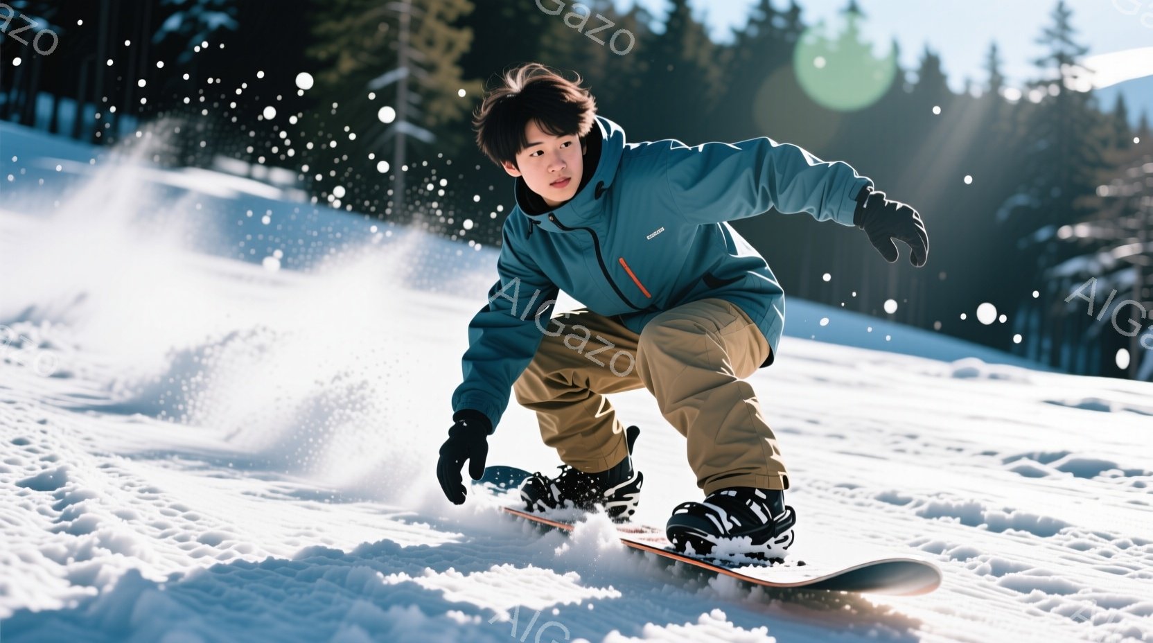 若い男性がスノーボードに乗って雪の上を滑っている様子が写っています。彼は青いジャケットと茶色のズボンを身に着け、黒い髪を少し無造作にしています。背景には雪に覆われた木々が見え、晴れた空から差し込む光が雪面を照らし出し、爽やかな冬の雰囲気を醸し出しています。