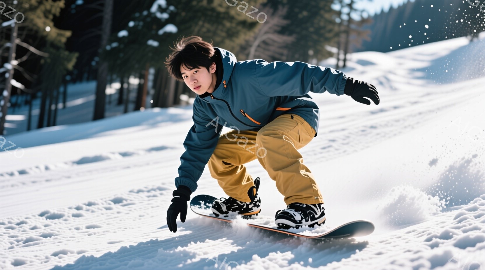 若い男性がスノーボードに乗って雪上を滑走している様子が写っている。彼はネイビーブルーのジャケットにベージュ色のズボンを着用し、黒い手袋とブーツを履いている。背景には雪に覆われた木々がぼやけており、晴れ - AI生成フリー素材