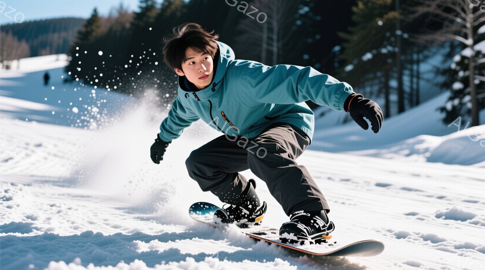 スノーボードを楽しむ若い男性が写っている。彼はターコイズブルーのジャケットと黒のズボンを着用し、黒髪を少し長めに伸ばしている。彼はスノーボードに乗って雪上を滑っており、雪が飛び散る様子からスピード感と - AI生成フリー素材