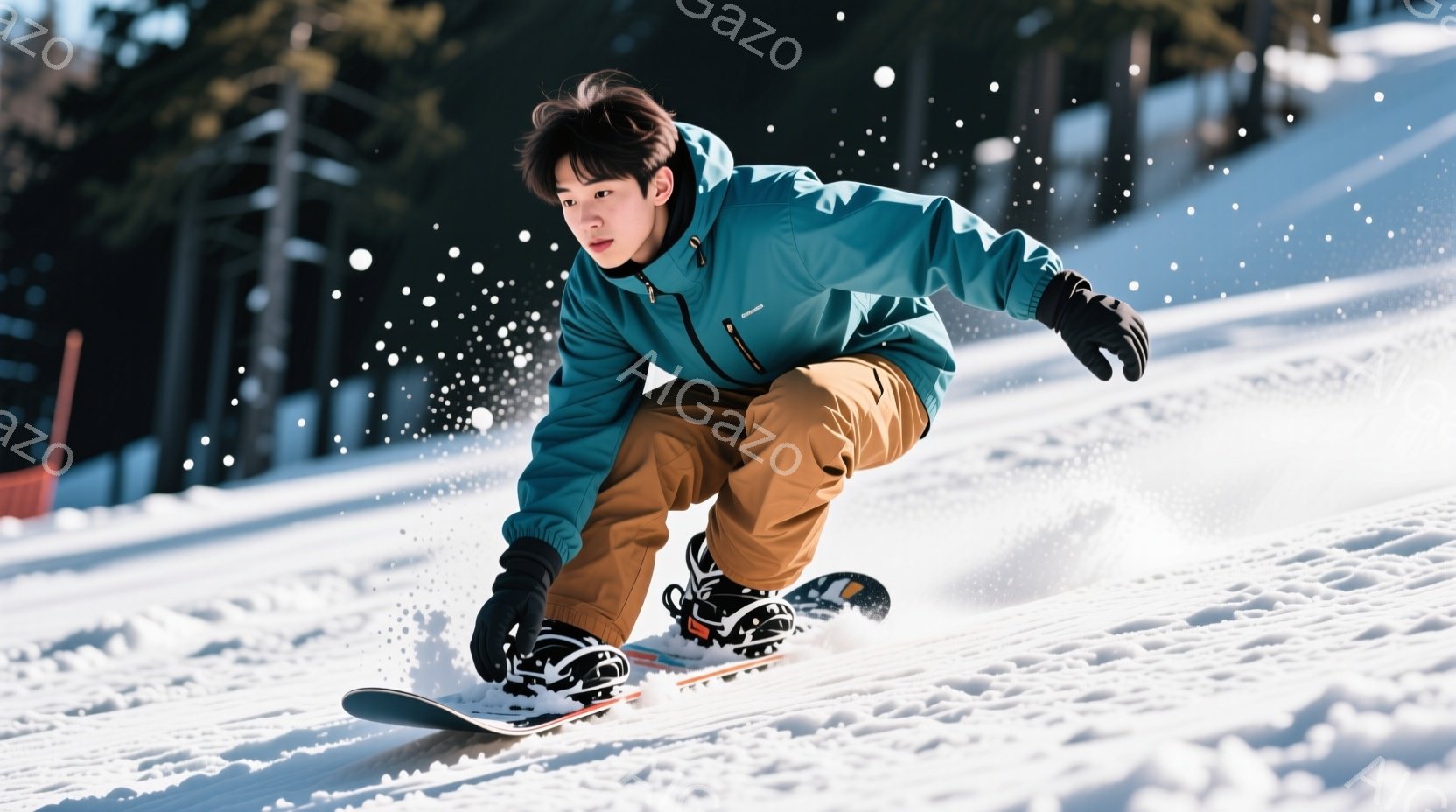 スノーボードを楽しむ若い男性が写っています。ターコイズブルーのジャケットとキャメル色のズボンを着用し、黒い手袋とブーツを履いています。彼はスノーボードに乗って斜面を滑っており、集中した表情で前方を向いています。