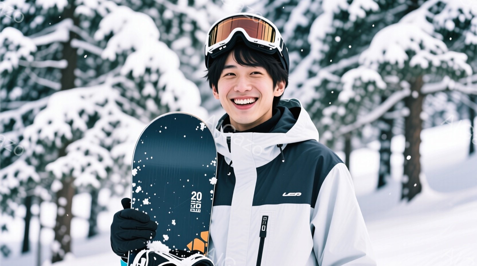 若い男性がスノーボードを持って笑顔でカメラに向かっています。彼は黒い髪を少し長めに伸ばし、黒いゴーグルと白いジャケット、黒いズボンを着用しています。背景は雪景色で、雪の降る森林がぼやけて見え、冬の楽し - AI生成フリー素材
