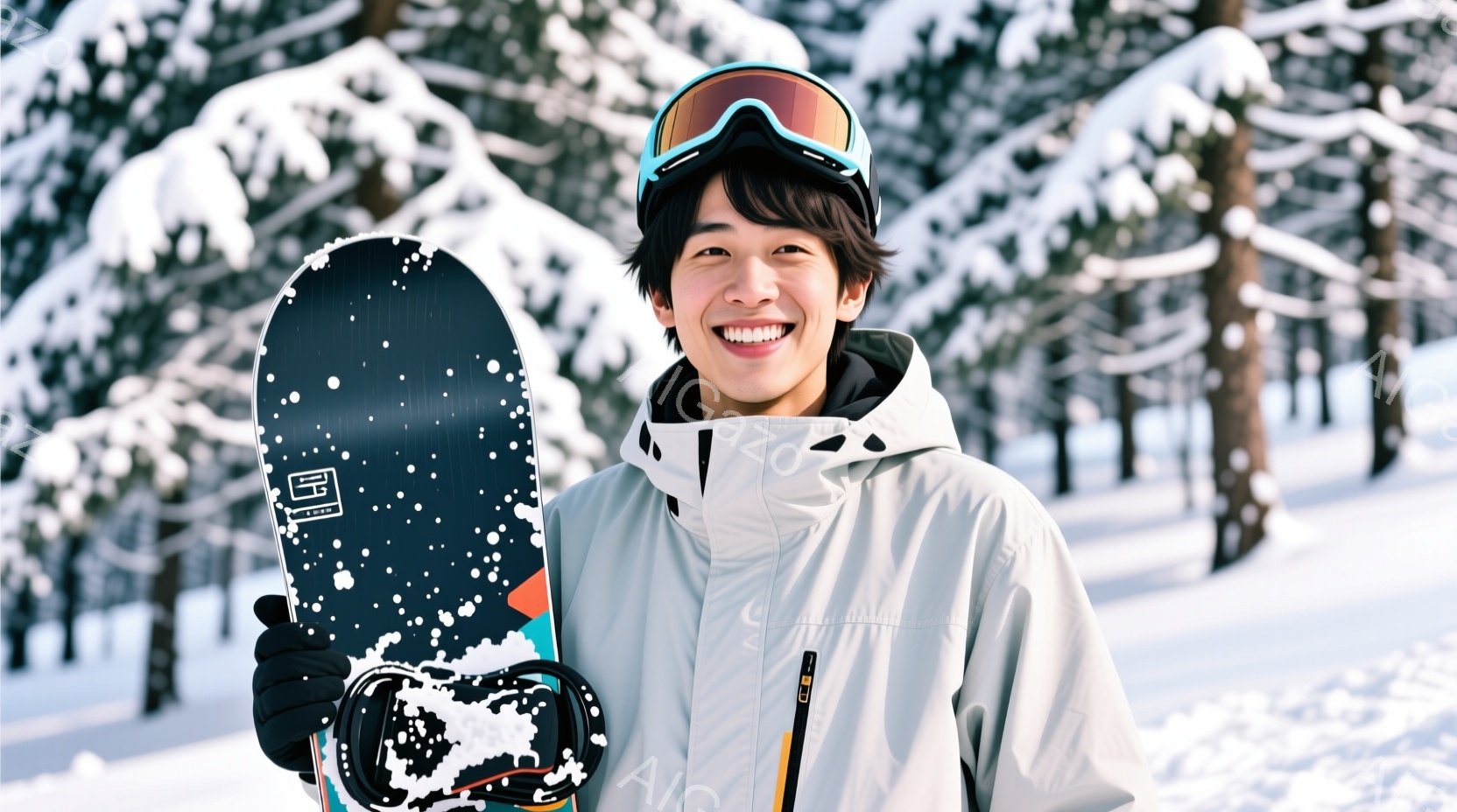 若い男性がスノーボードを持って笑顔で立っている。彼は白のウィンタースポーツジャケット、黒い手袋、ゴーグルを着用し、短く整えられた黒髪が特徴的である。背景には雪に覆われた木々が密集しており、晴れた冬の日 - AI生成フリー素材